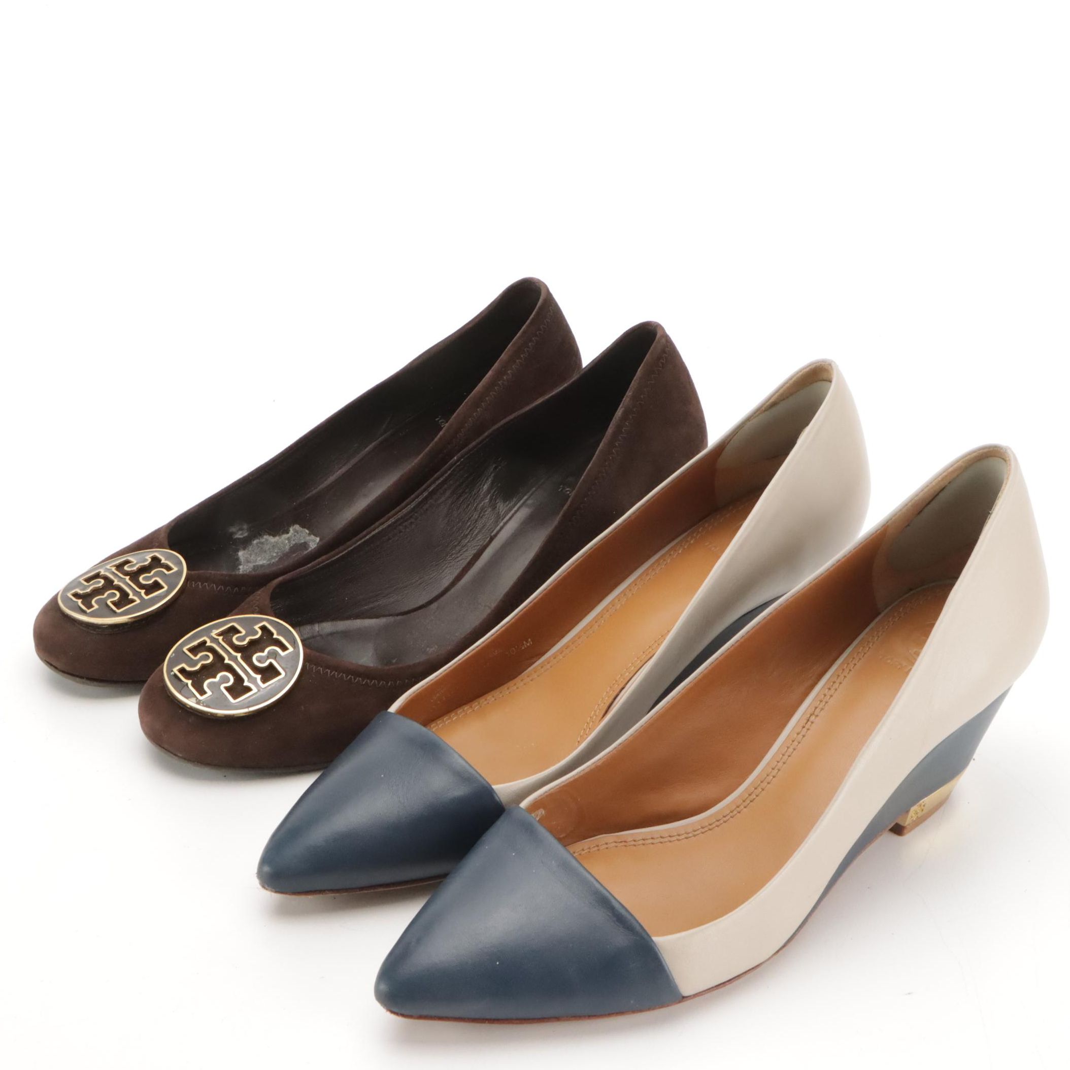 Tory Burch Cara Bicolor Leather Wedges in Box & Amy Brown Suede Logo Block Heels