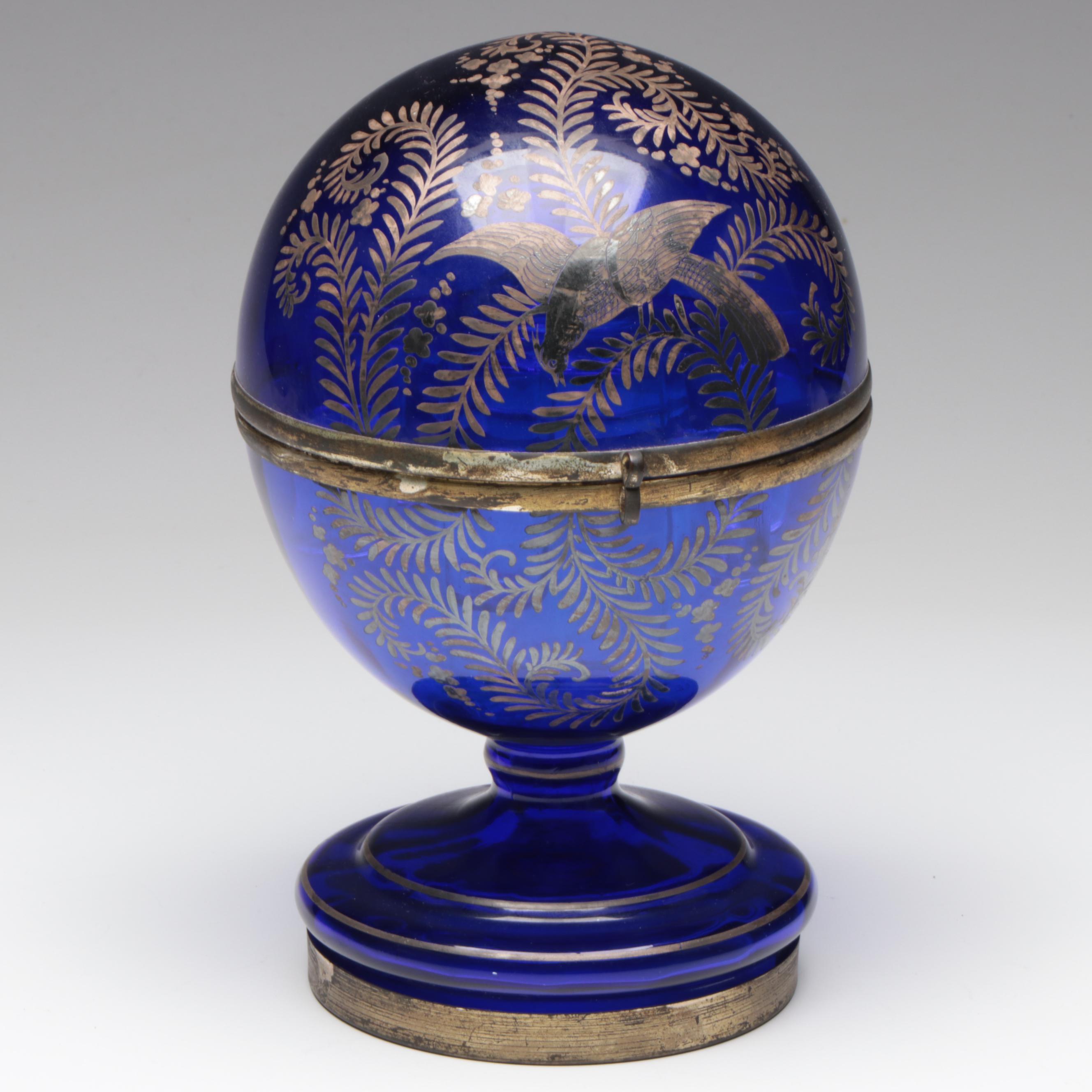 Czechoslovakian Cobalt Glass and Silver Overlay Egg-Shaped Tantalus
