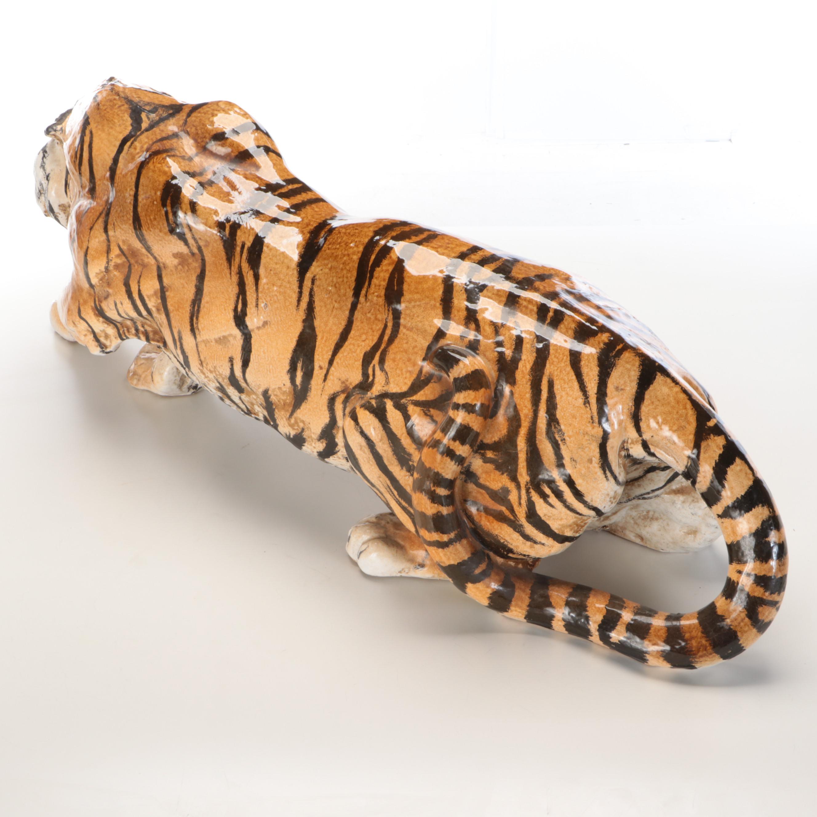 Monumental Italian Majolica Ceramic Bengal Tiger Figure, Mid-20th Century