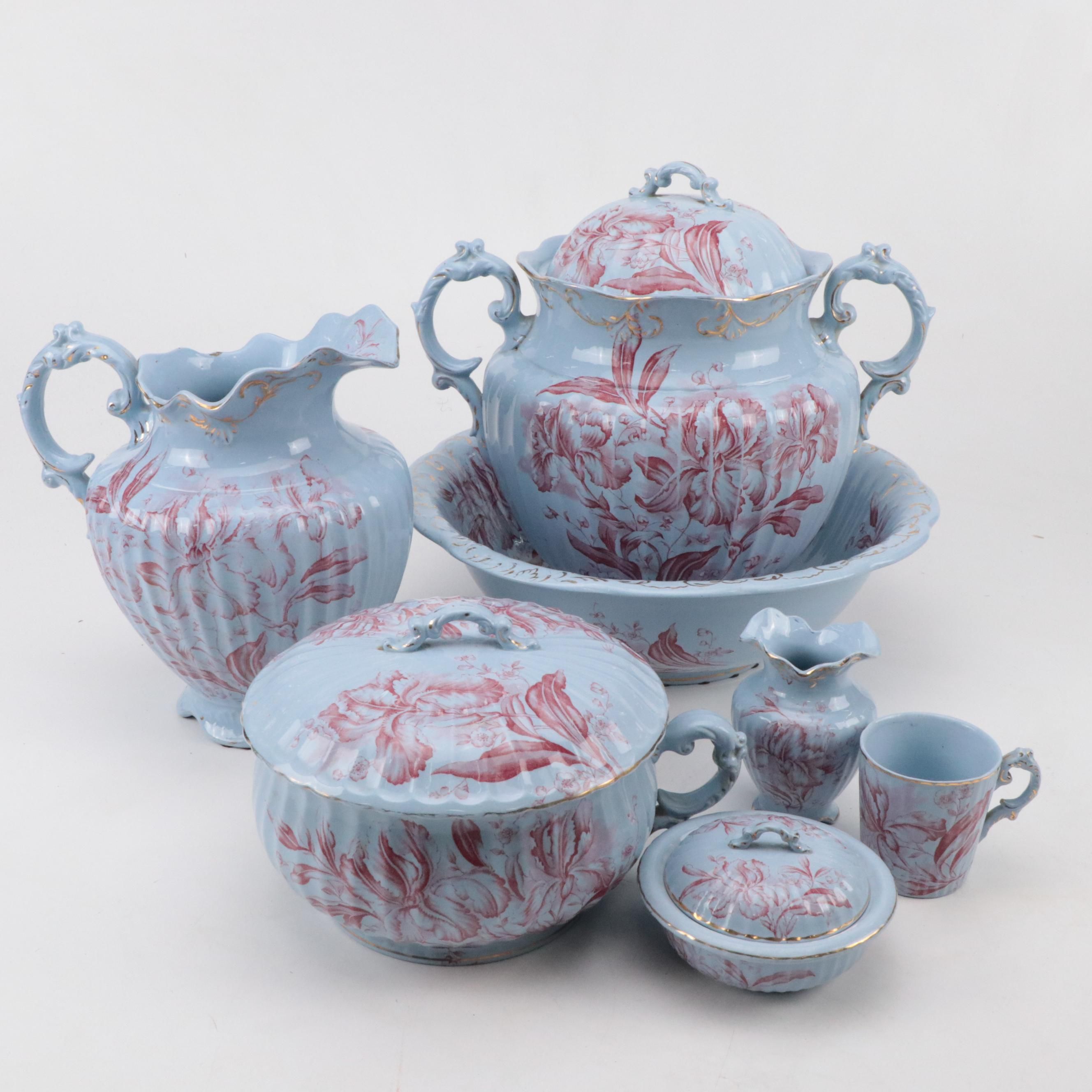 Dunn Bennett & Co. "Iris" Red on Blue Ceramic Pitcher & Basin, Urn, Vase & More