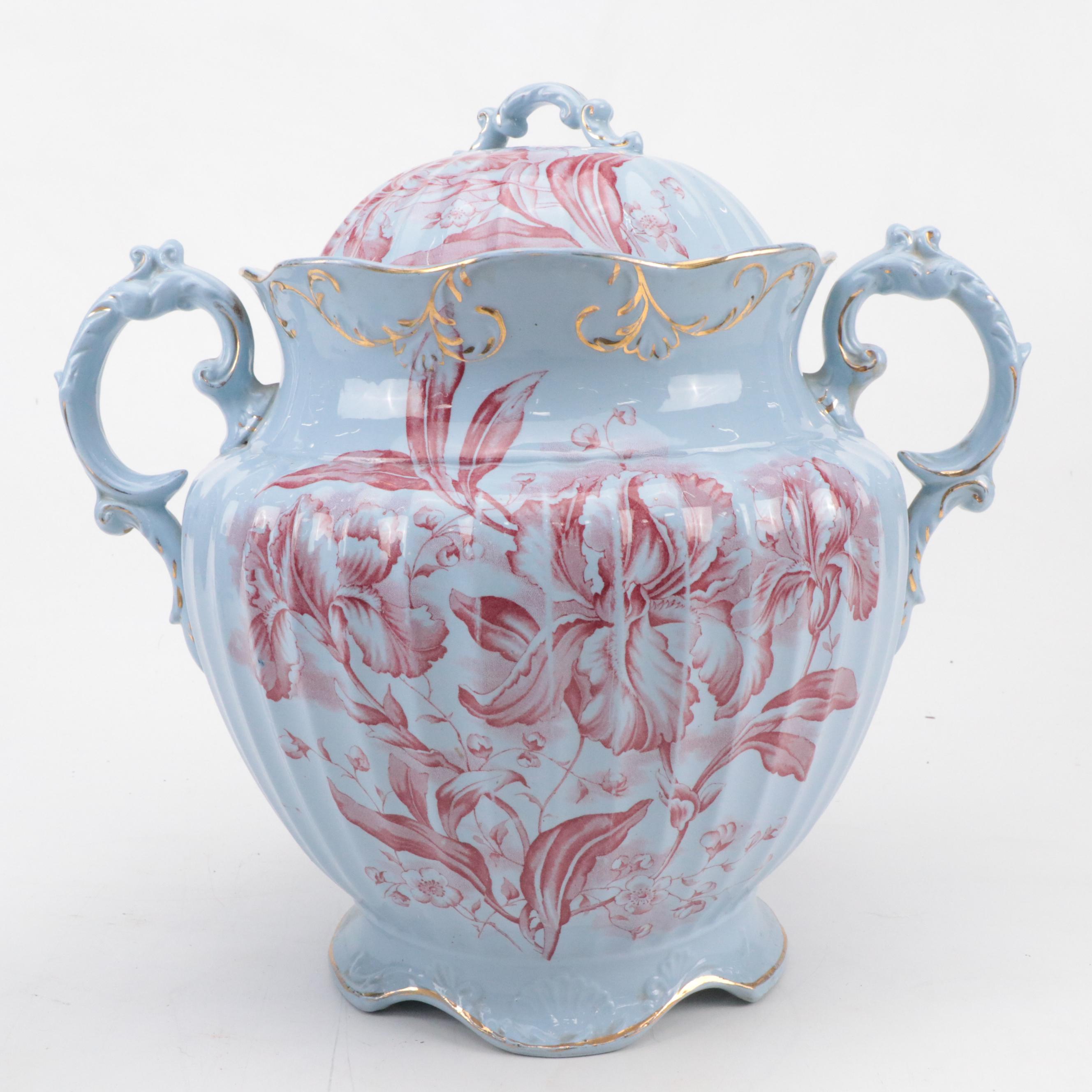 Dunn Bennett & Co. "Iris" Red on Blue Ceramic Pitcher & Basin, Urn, Vase & More