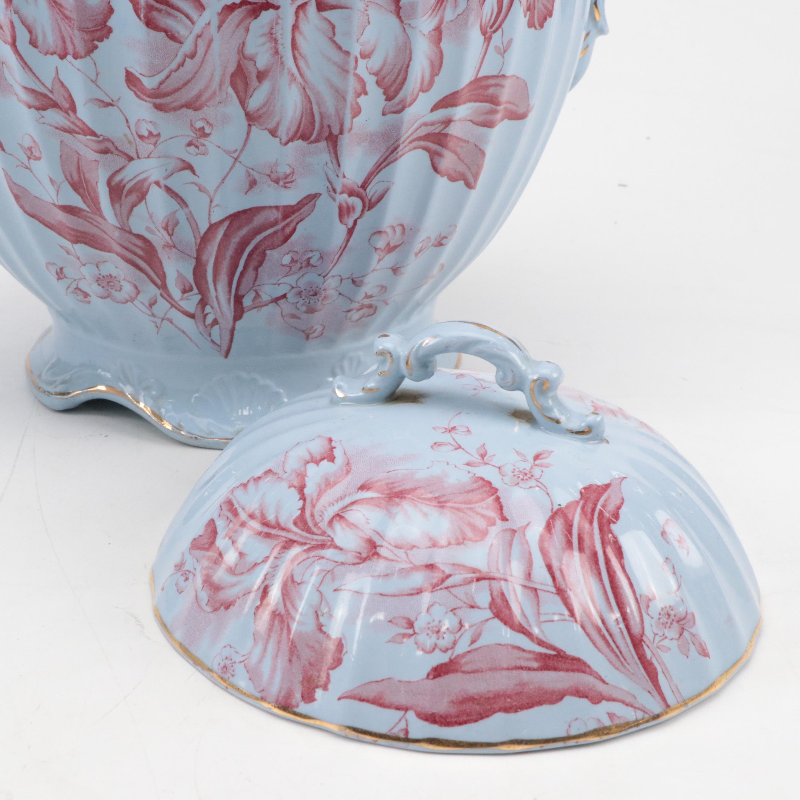 Dunn Bennett & Co. "Iris" Red on Blue Ceramic Pitcher & Basin, Urn, Vase & More