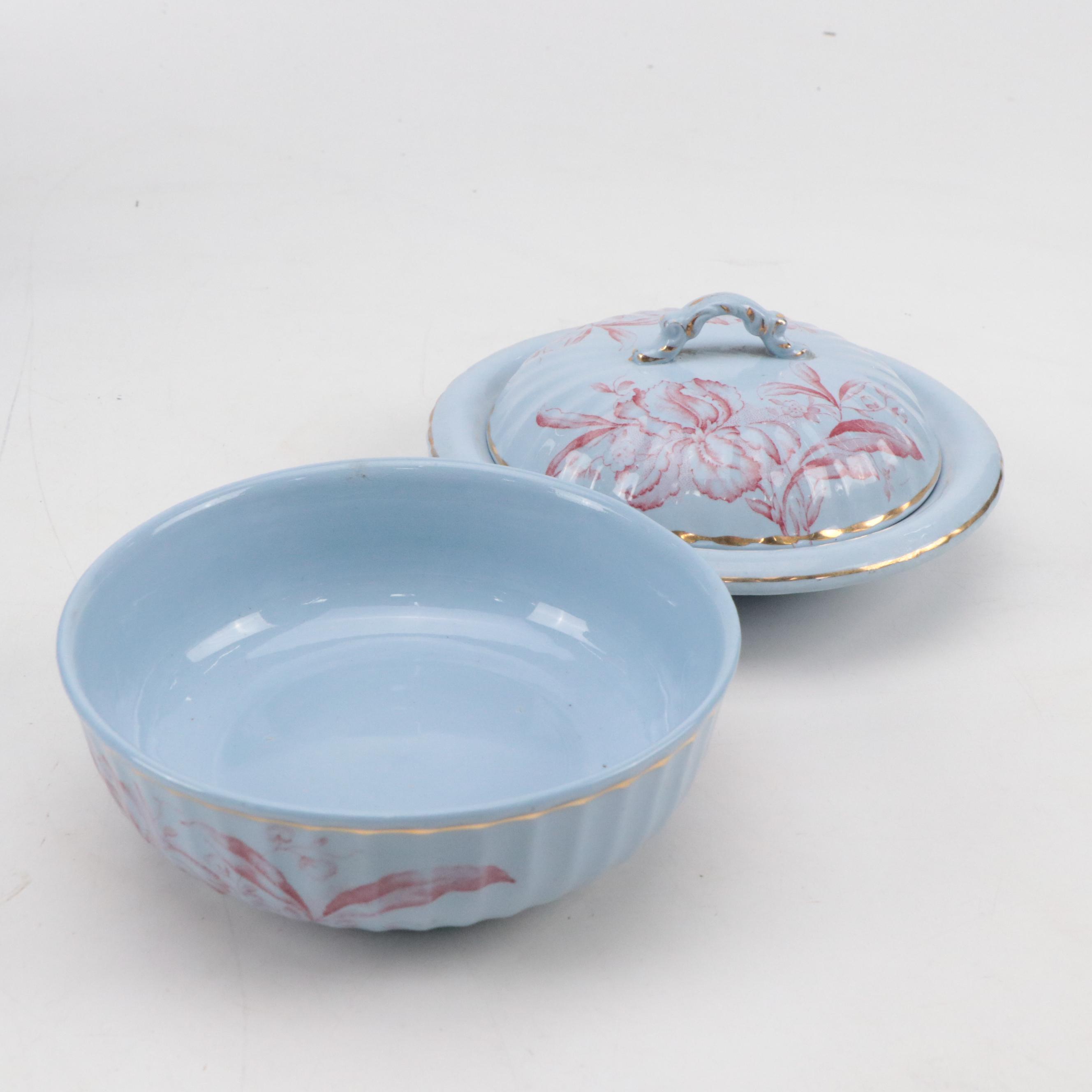 Dunn Bennett & Co. "Iris" Red on Blue Ceramic Pitcher & Basin, Urn, Vase & More