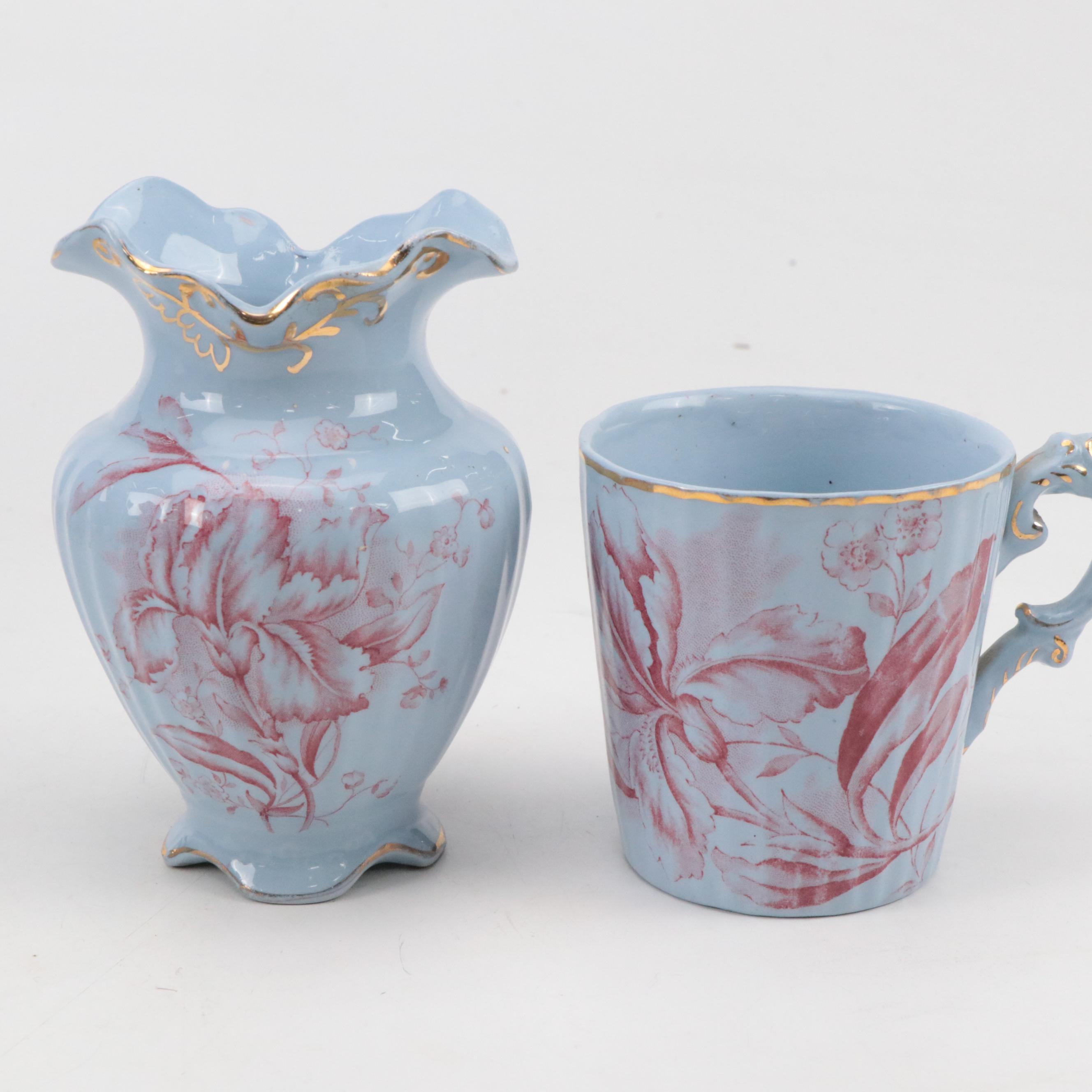 Dunn Bennett & Co. "Iris" Red on Blue Ceramic Pitcher & Basin, Urn, Vase & More