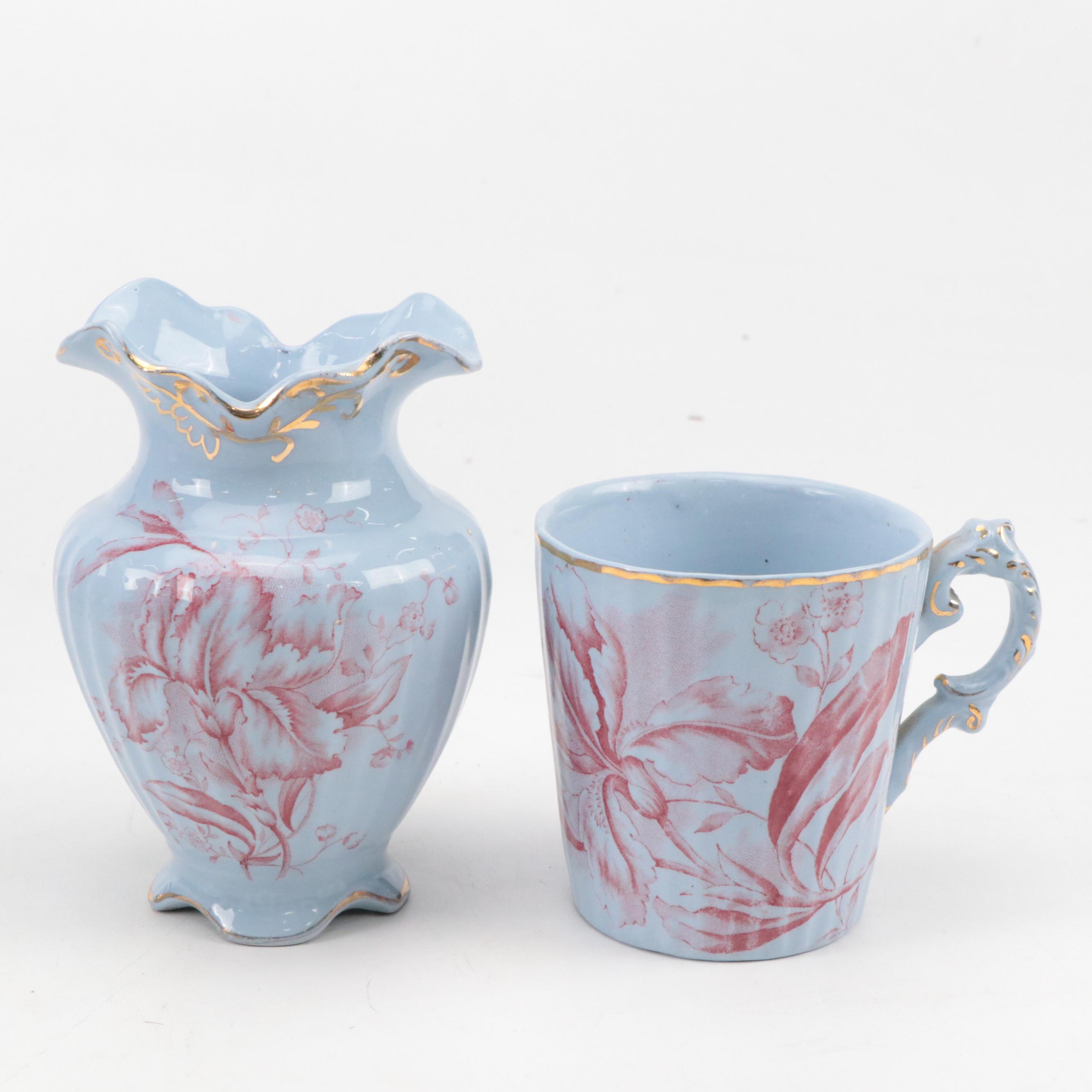 Dunn Bennett & Co. "Iris" Red on Blue Ceramic Pitcher & Basin, Urn, Vase & More