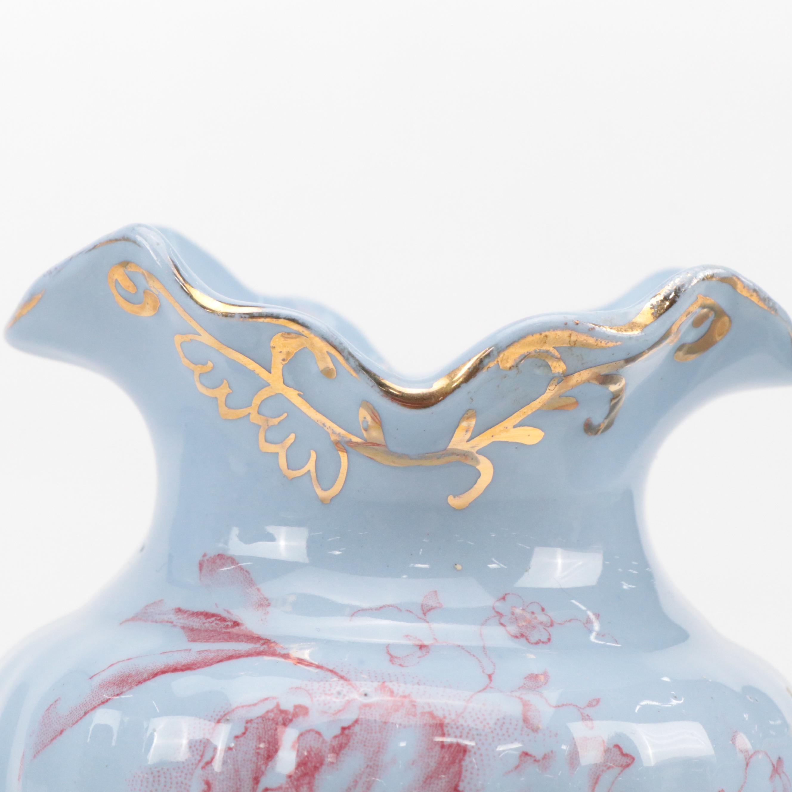 Dunn Bennett & Co. "Iris" Red on Blue Ceramic Pitcher & Basin, Urn, Vase & More