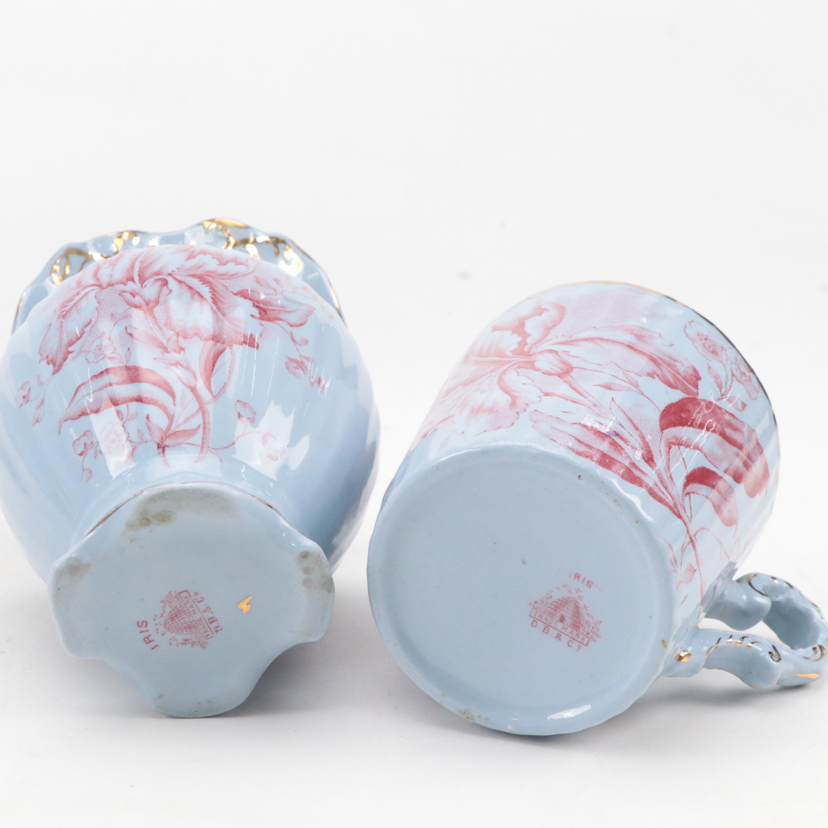 Dunn Bennett & Co. "Iris" Red on Blue Ceramic Pitcher & Basin, Urn, Vase & More