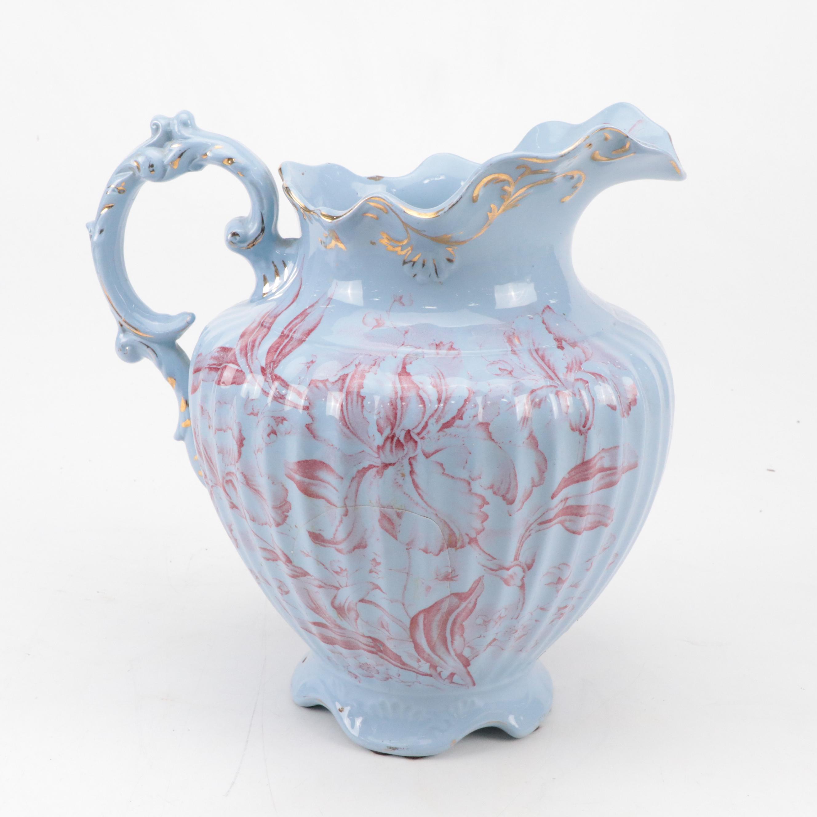 Dunn Bennett & Co. "Iris" Red on Blue Ceramic Pitcher & Basin, Urn, Vase & More