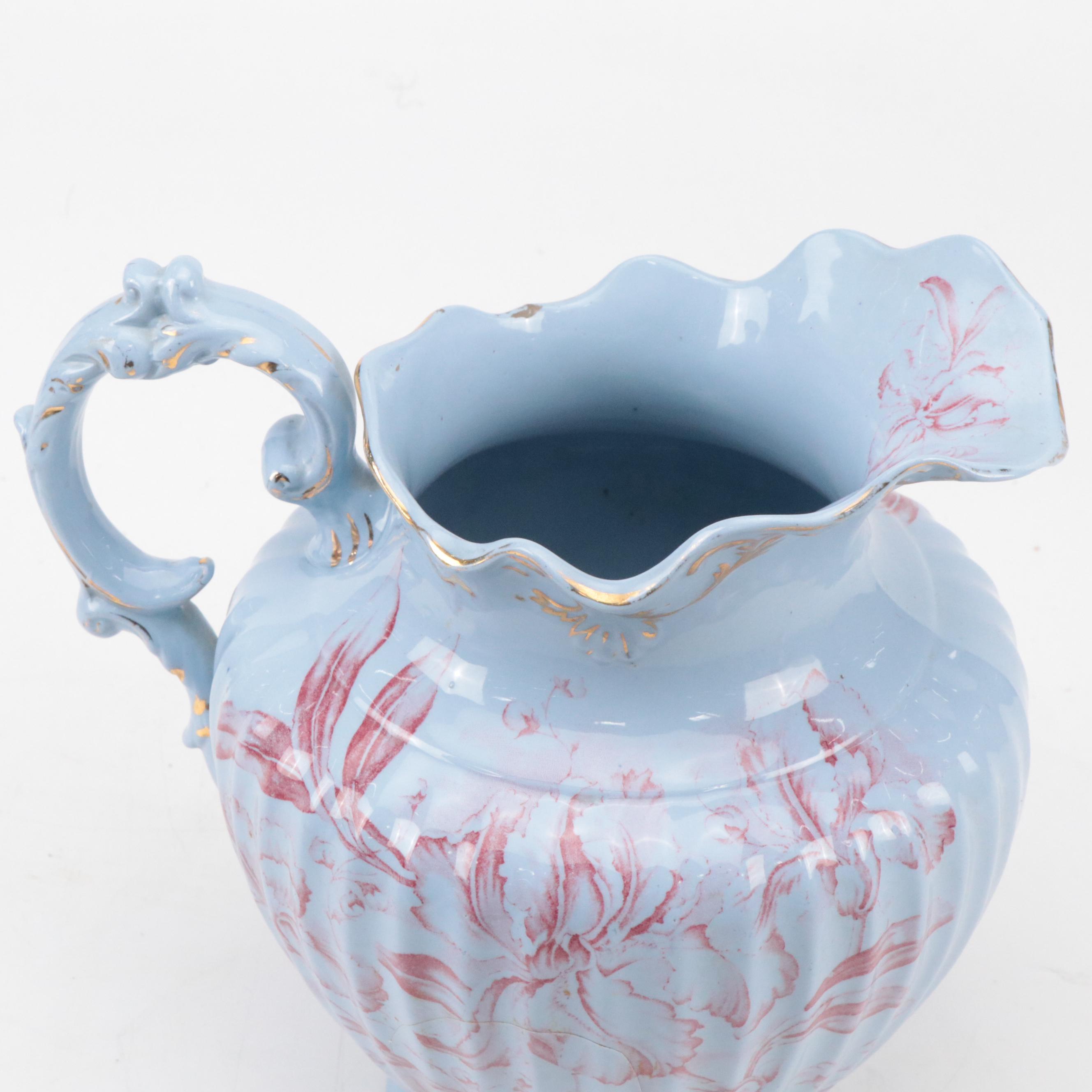 Dunn Bennett & Co. "Iris" Red on Blue Ceramic Pitcher & Basin, Urn, Vase & More