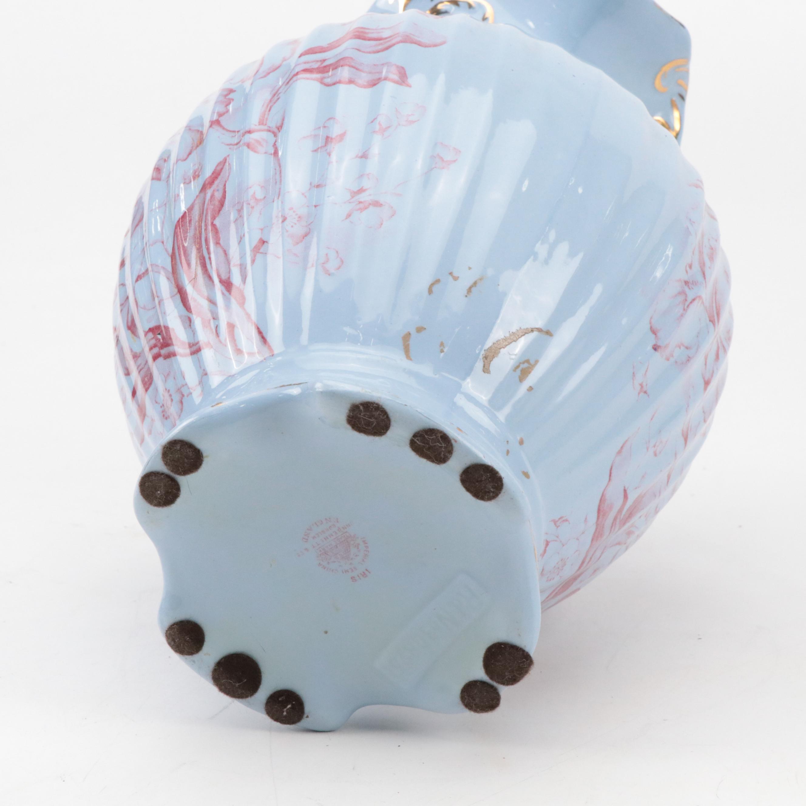 Dunn Bennett & Co. "Iris" Red on Blue Ceramic Pitcher & Basin, Urn, Vase & More