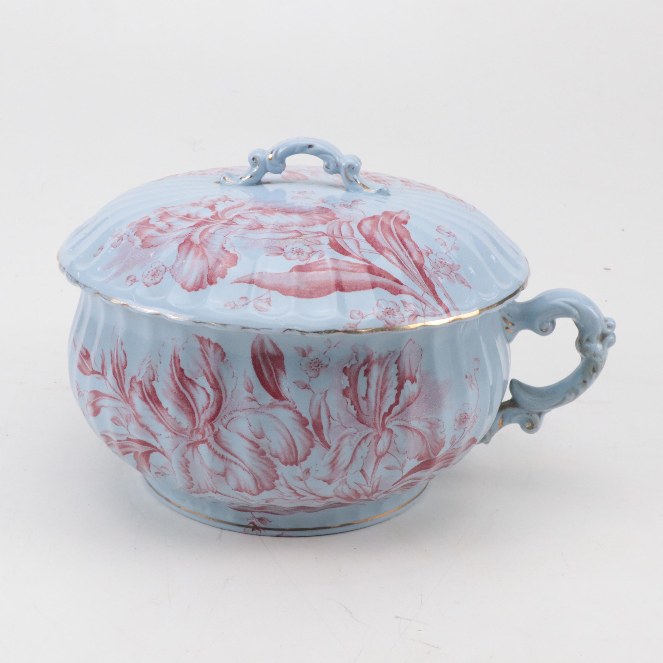 Dunn Bennett & Co. "Iris" Red on Blue Ceramic Pitcher & Basin, Urn, Vase & More