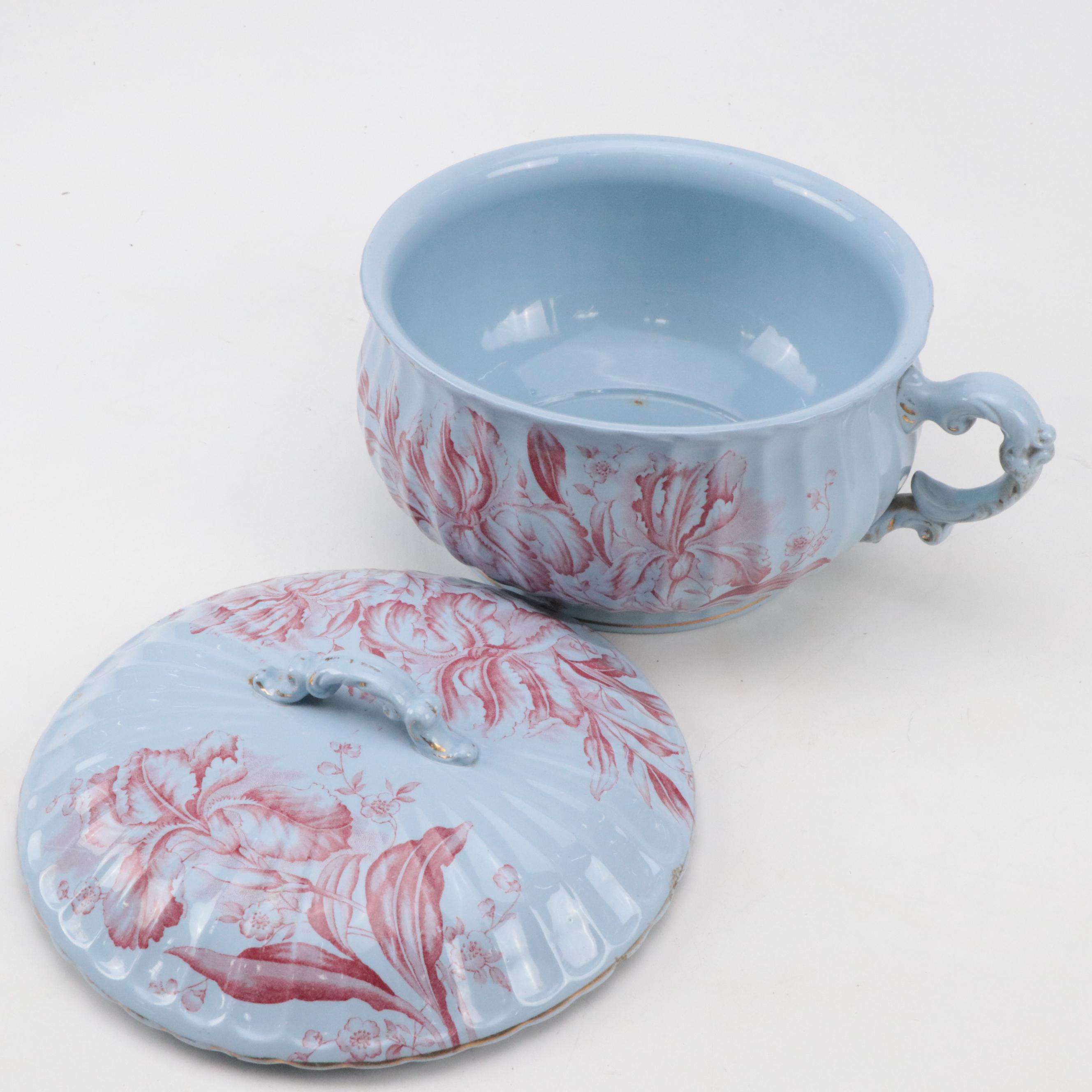 Dunn Bennett & Co. "Iris" Red on Blue Ceramic Pitcher & Basin, Urn, Vase & More