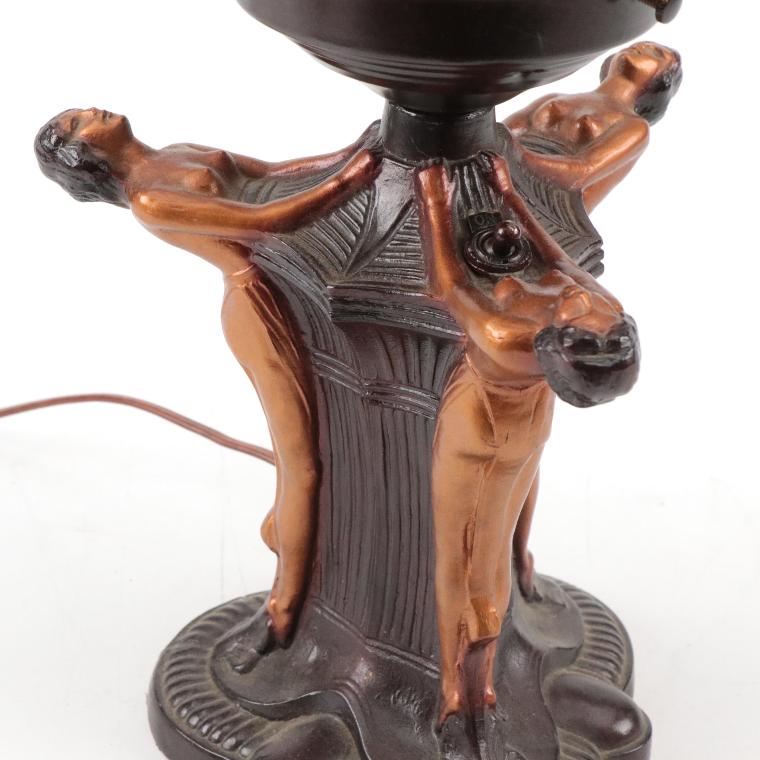 Czech Art Deco Painted Spelter Table Lamp with Glass Moravian Star Shade