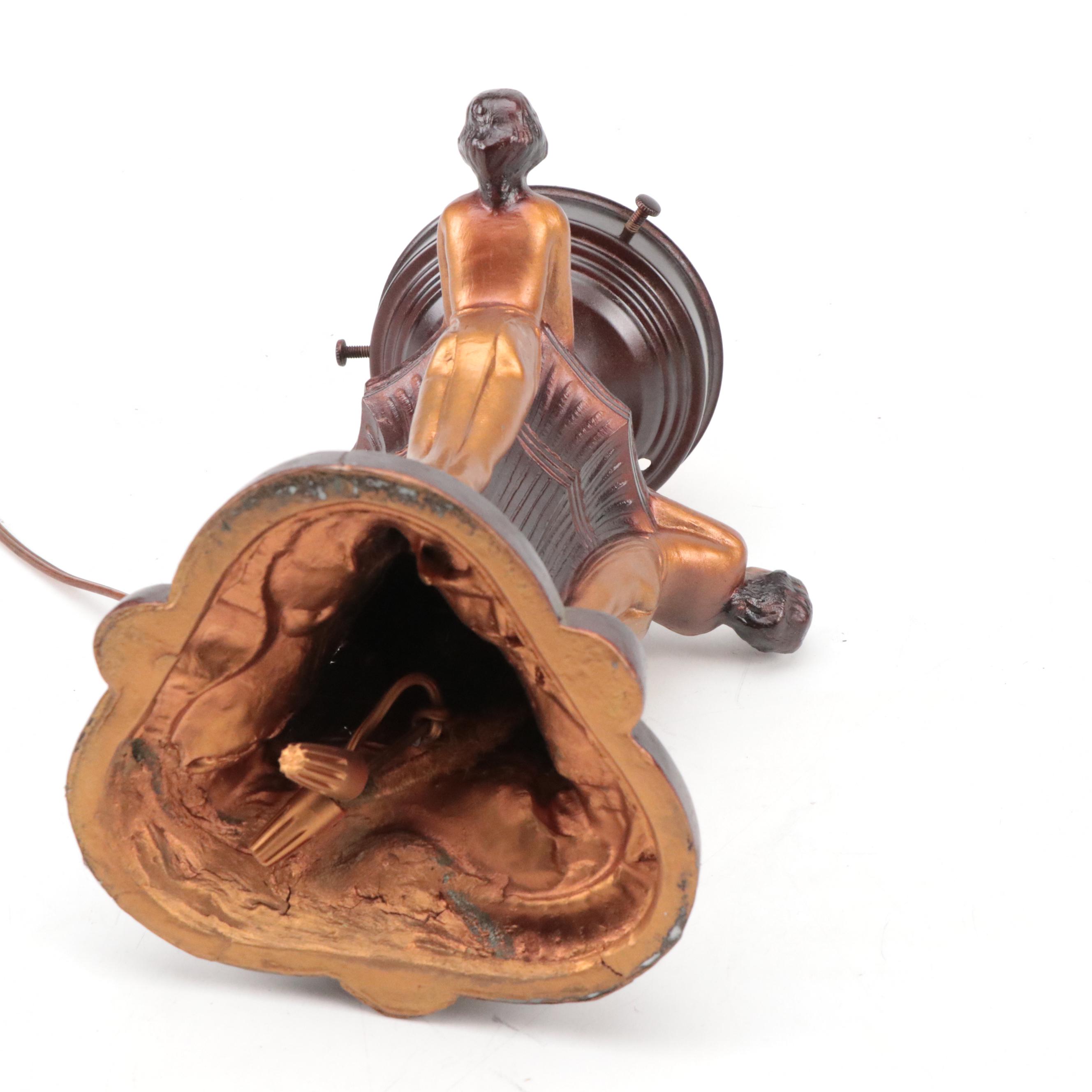 Czech Art Deco Painted Spelter Table Lamp with Glass Moravian Star Shade