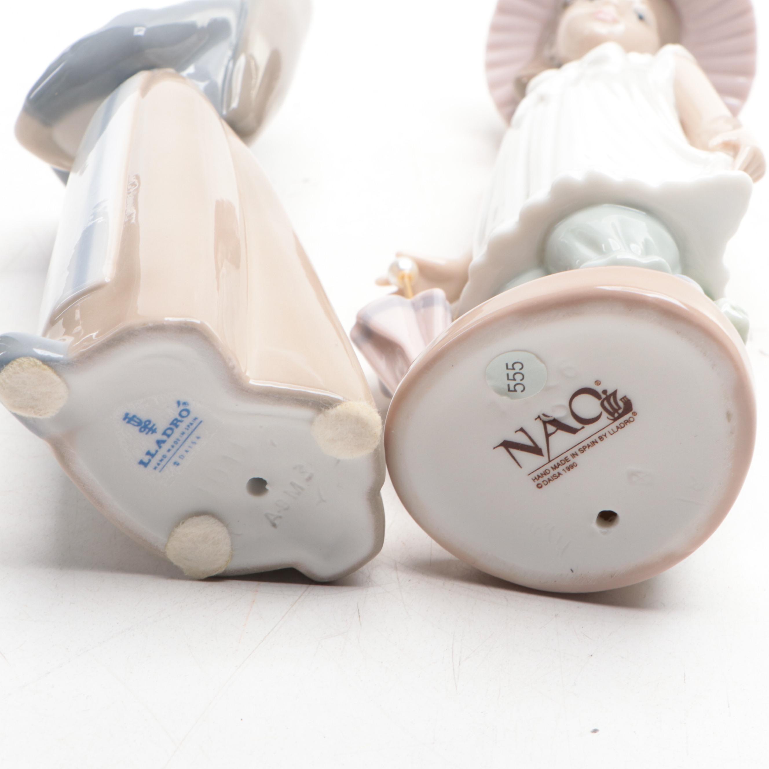 Lladró "Girl Holding Pig" with Nao by Lladró "April Showers" and Geese Figurines