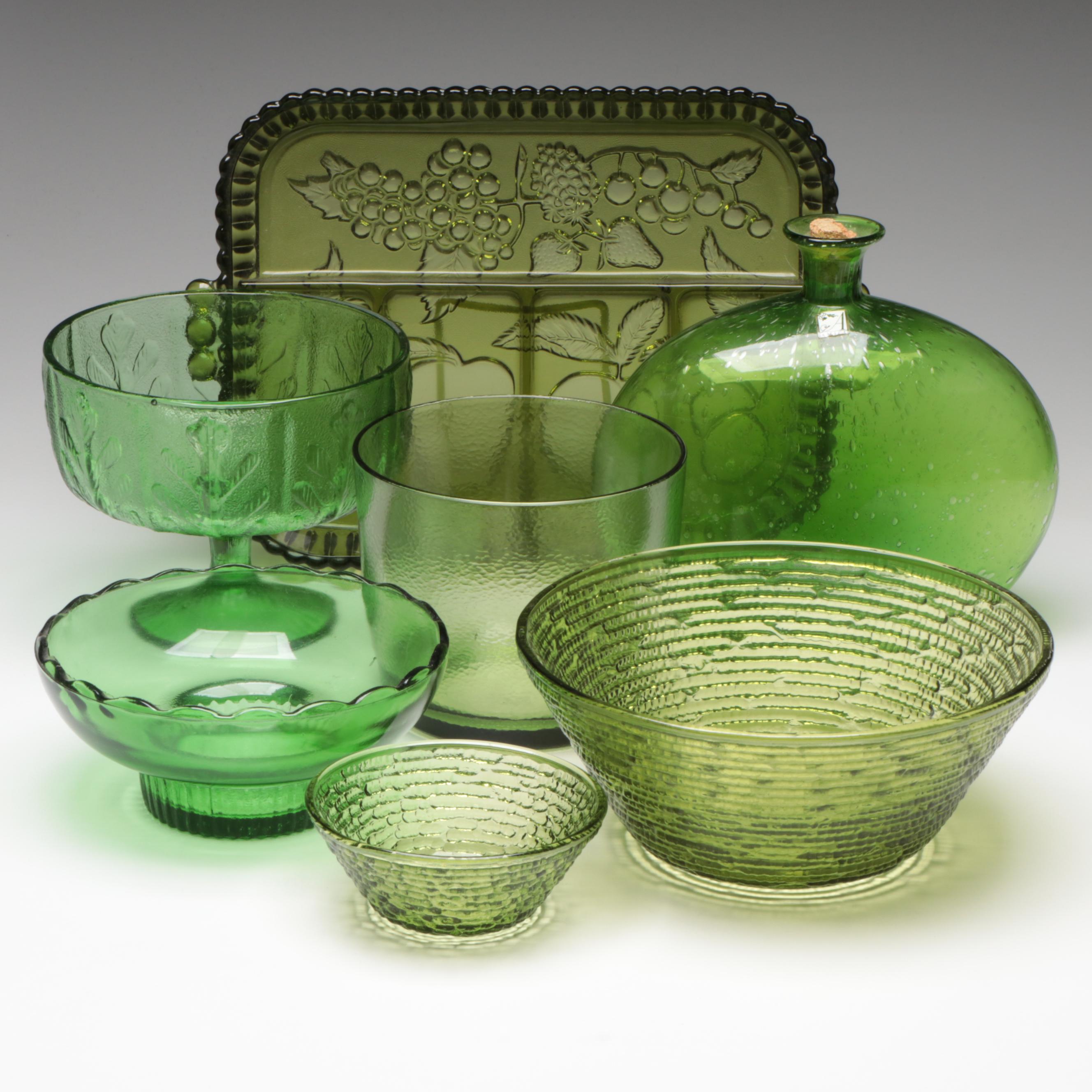 Green Glass Fruit Motif Segmented Tray with Green Glass Bowls, Compote & Bottle