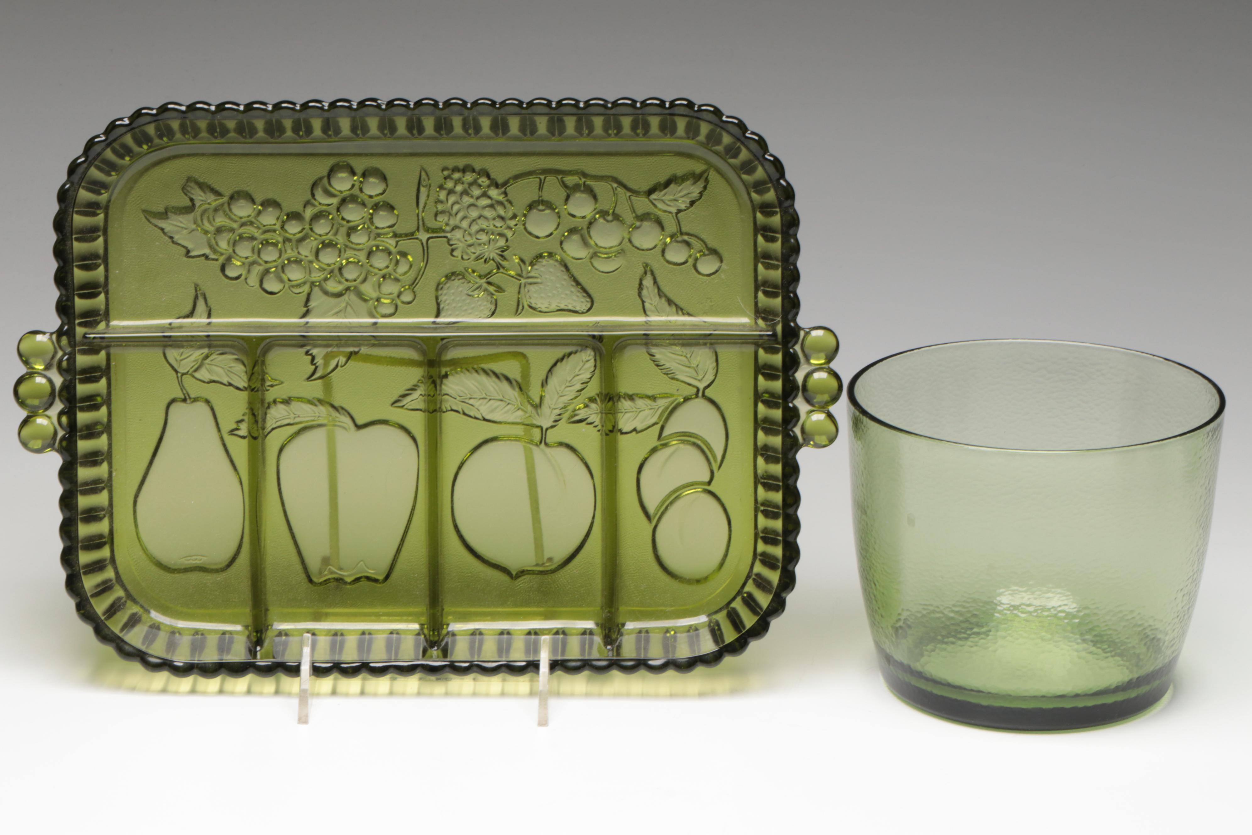 Green Glass Fruit Motif Segmented Tray with Green Glass Bowls, Compote & Bottle