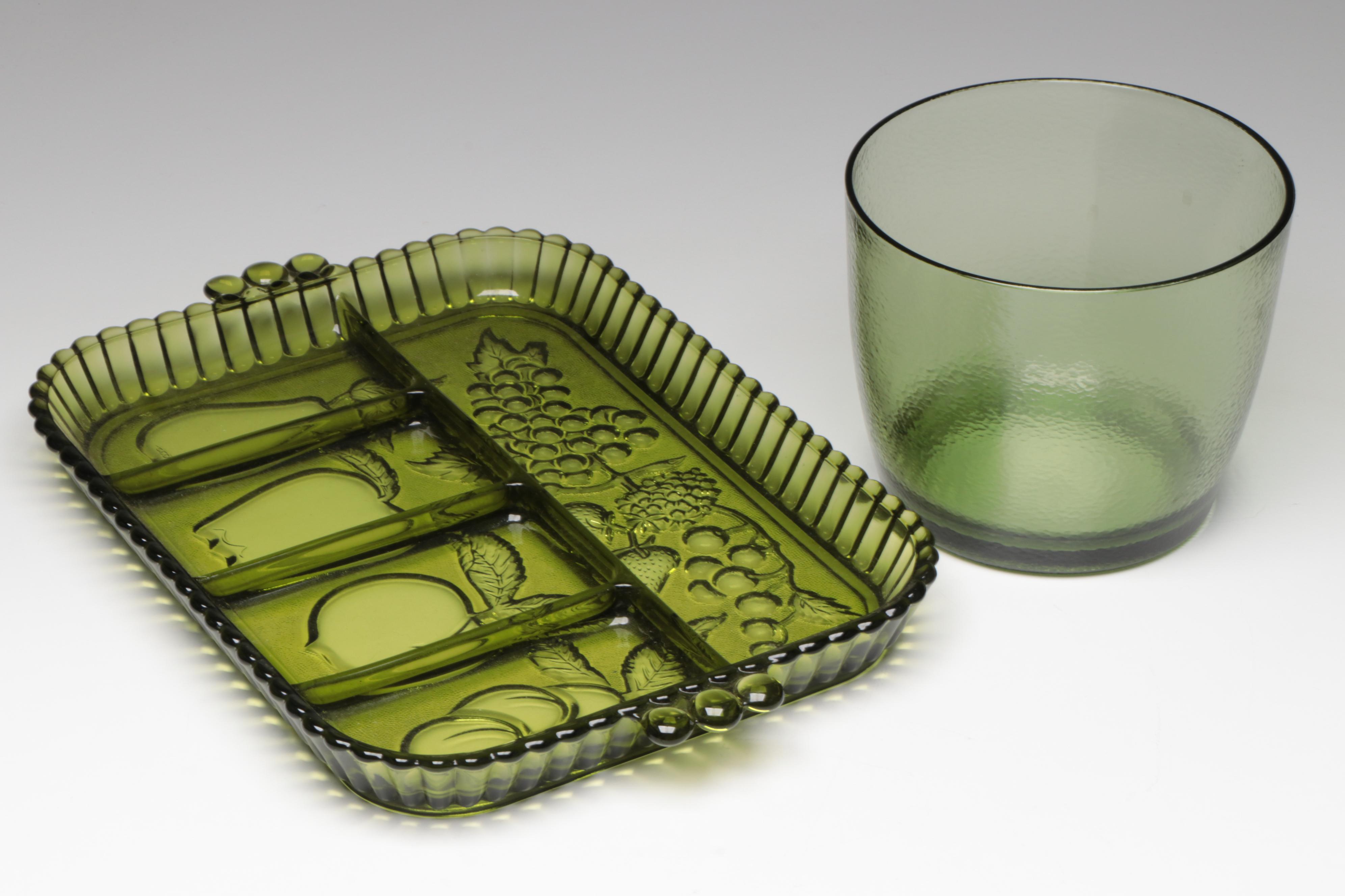 Green Glass Fruit Motif Segmented Tray with Green Glass Bowls, Compote & Bottle