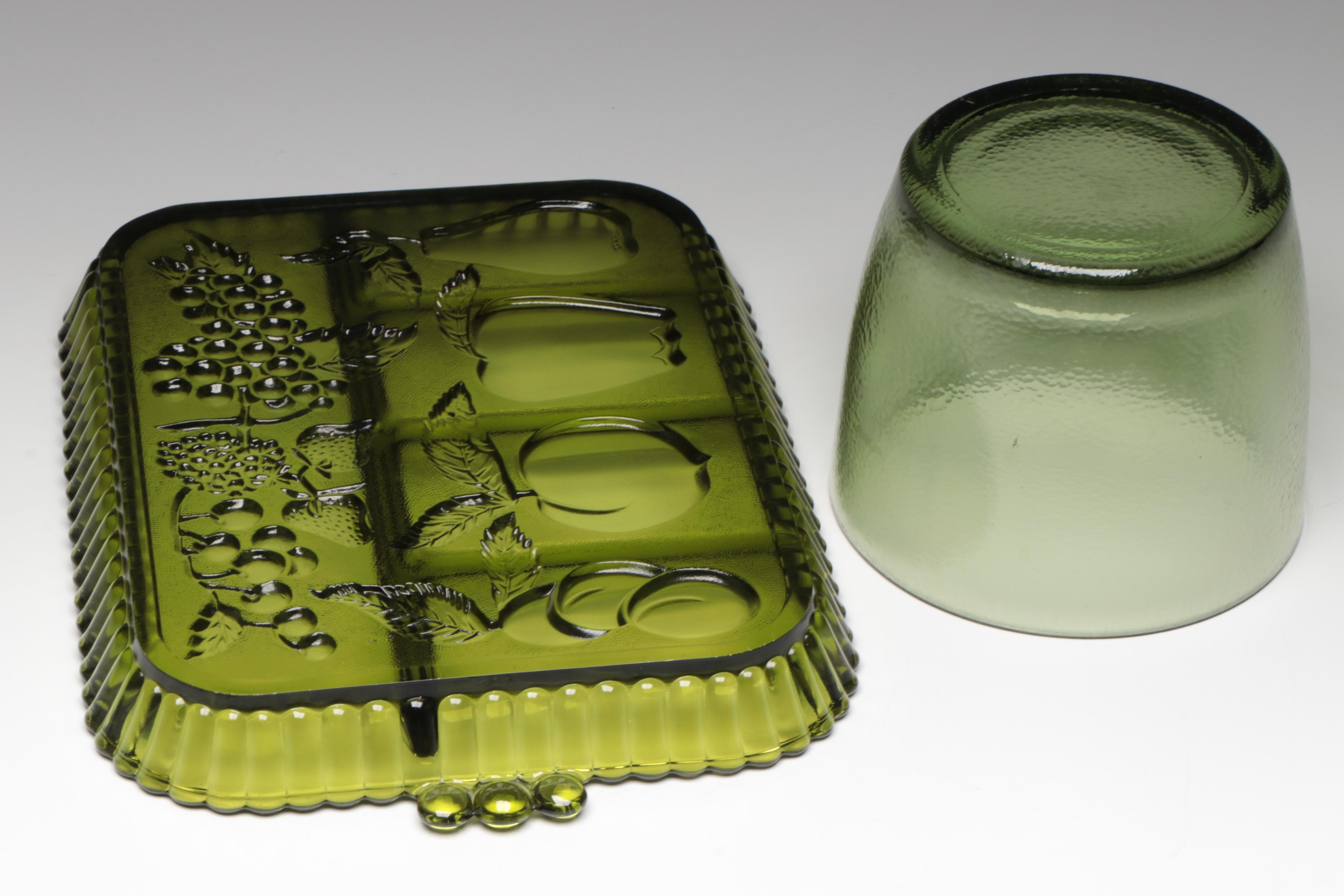 Green Glass Fruit Motif Segmented Tray with Green Glass Bowls, Compote & Bottle