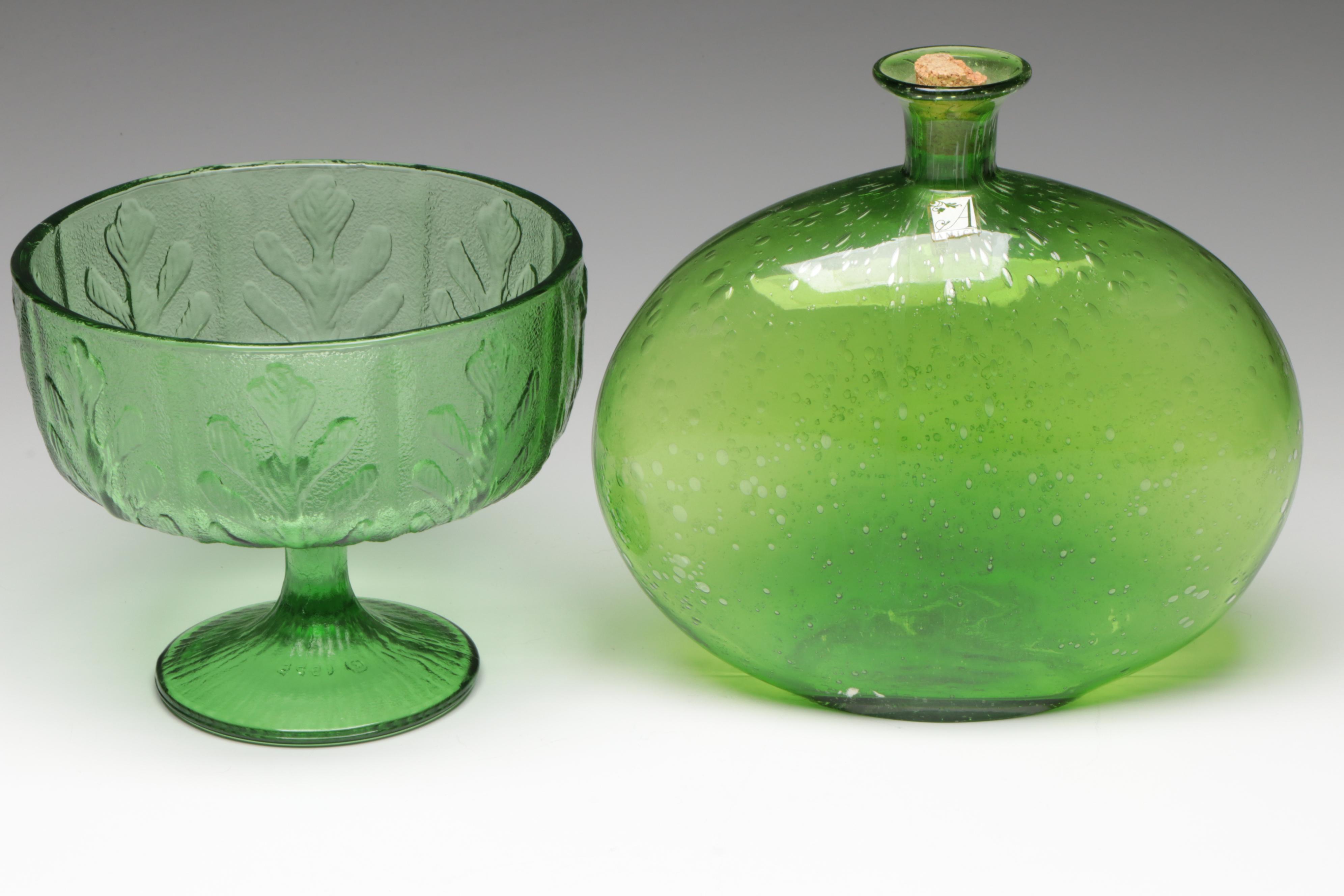 Green Glass Fruit Motif Segmented Tray with Green Glass Bowls, Compote & Bottle