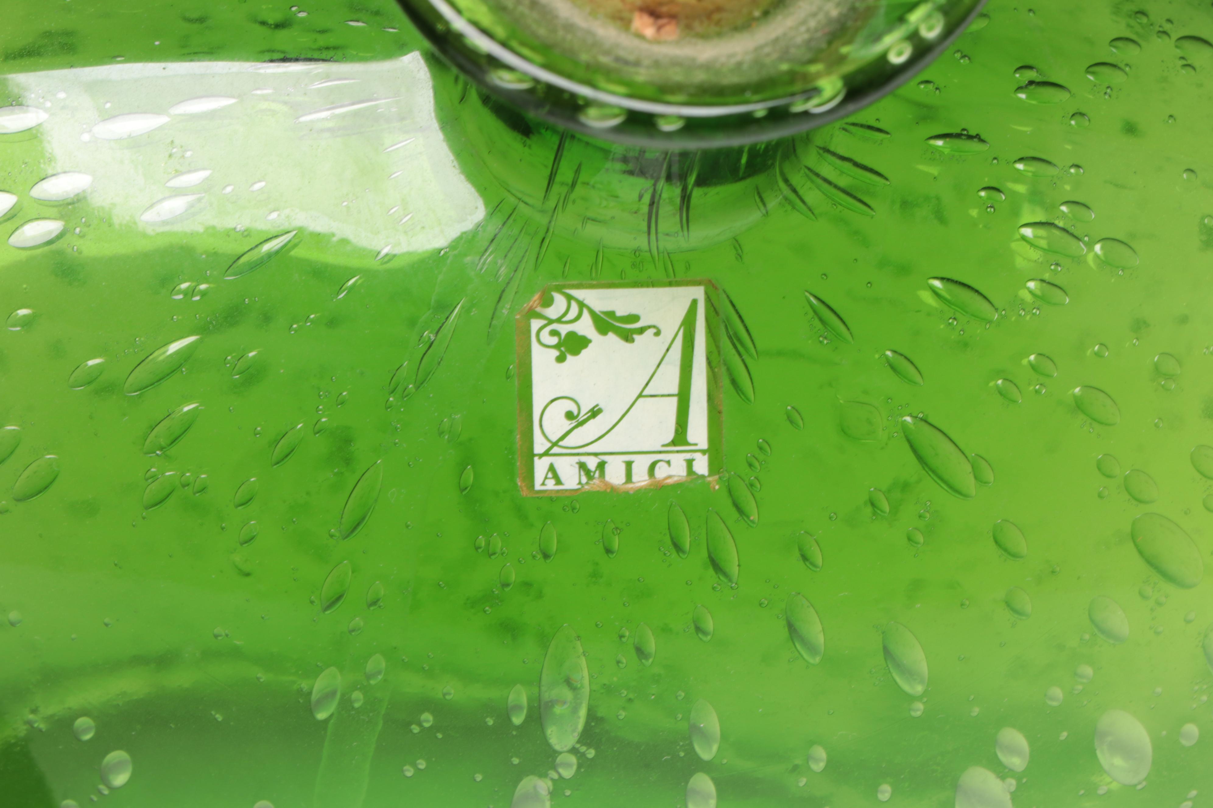 Green Glass Fruit Motif Segmented Tray with Green Glass Bowls, Compote & Bottle