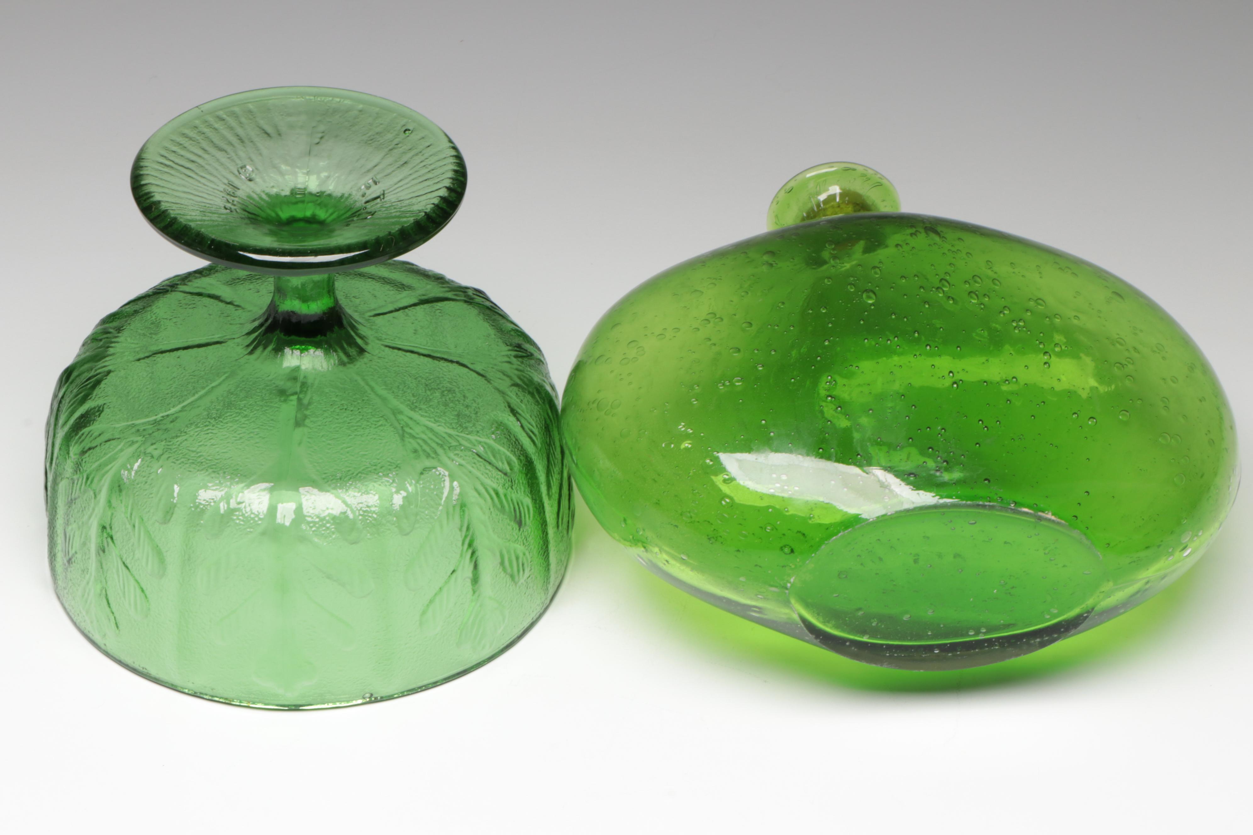 Green Glass Fruit Motif Segmented Tray with Green Glass Bowls, Compote & Bottle