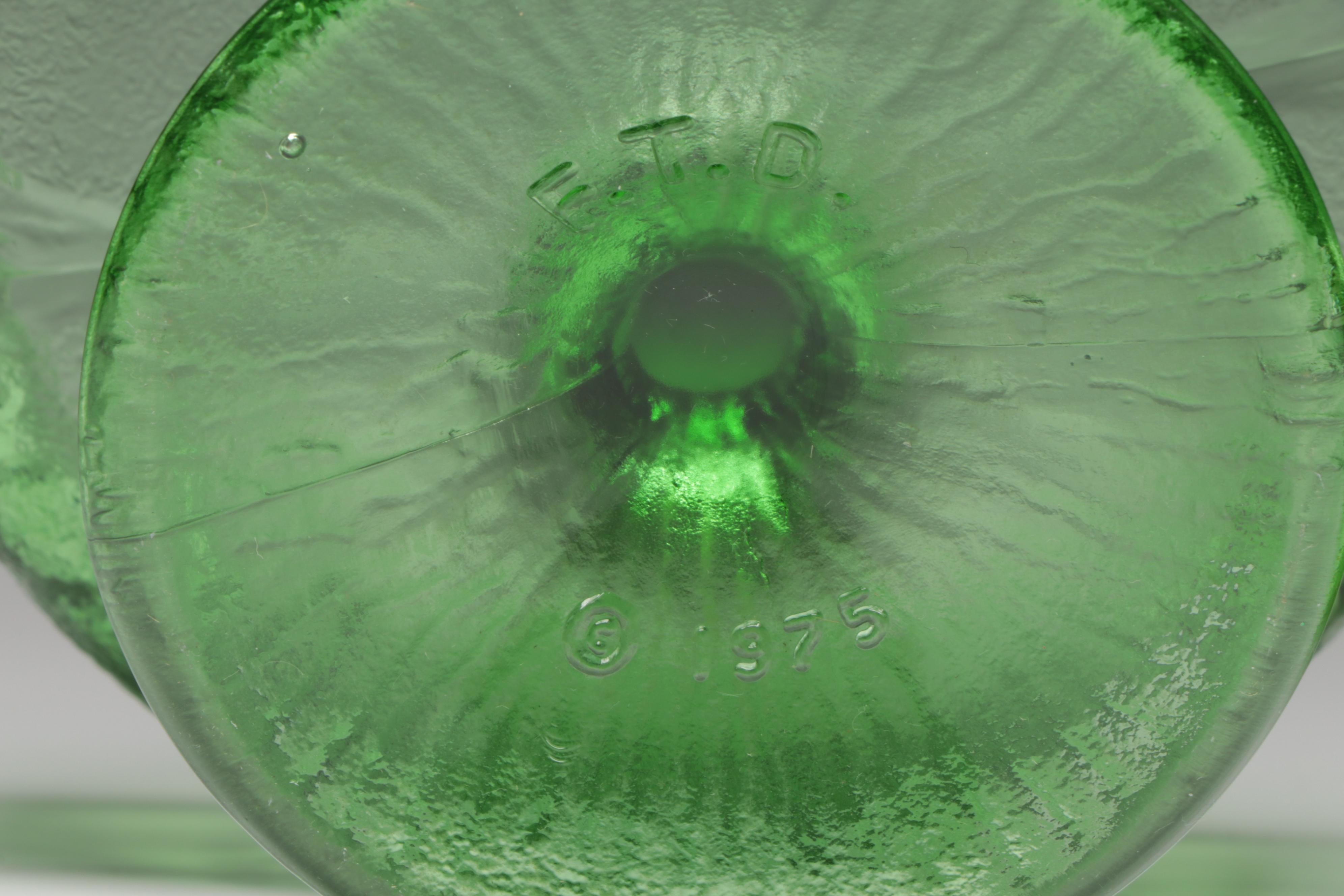 Green Glass Fruit Motif Segmented Tray with Green Glass Bowls, Compote & Bottle