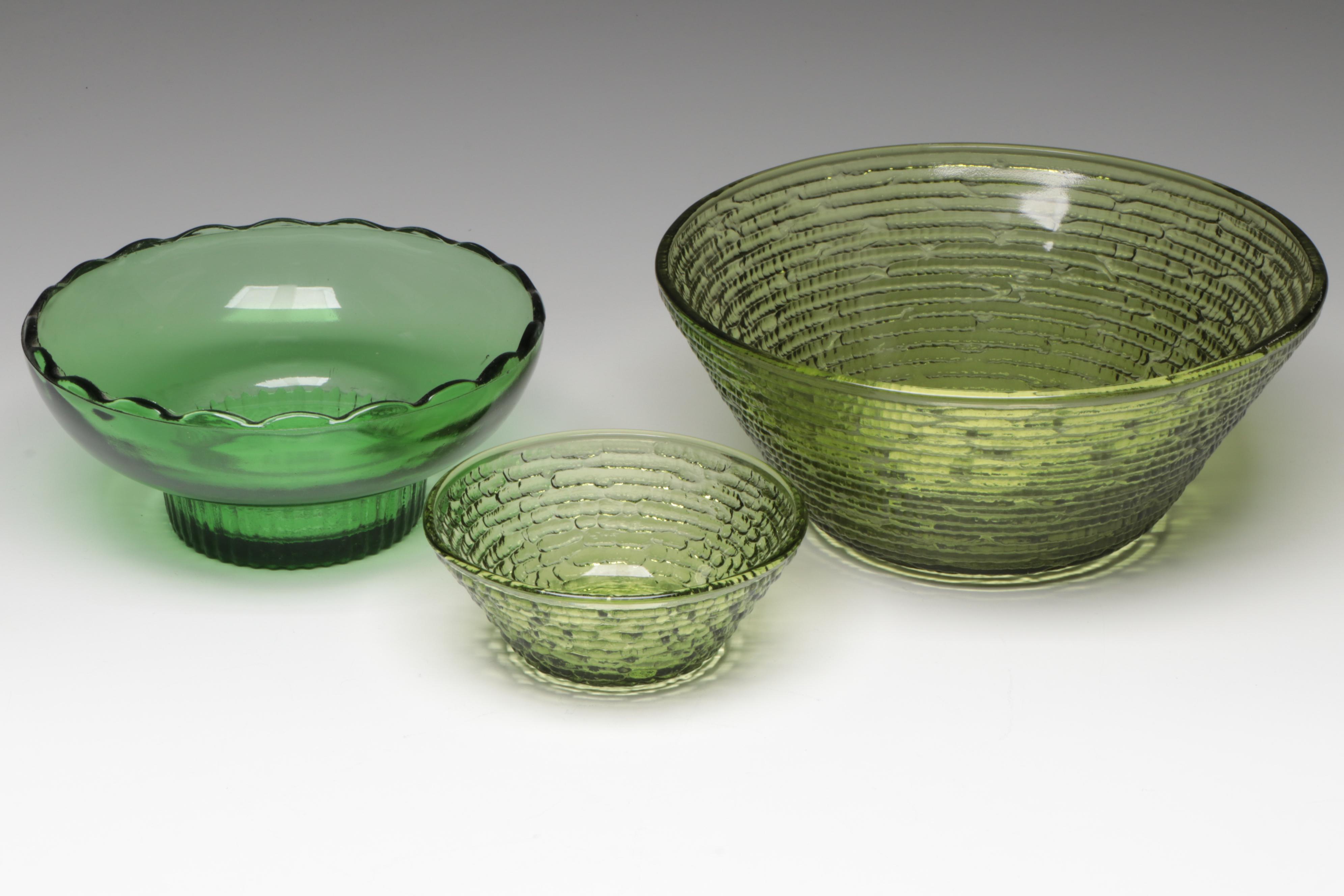 Green Glass Fruit Motif Segmented Tray with Green Glass Bowls, Compote & Bottle