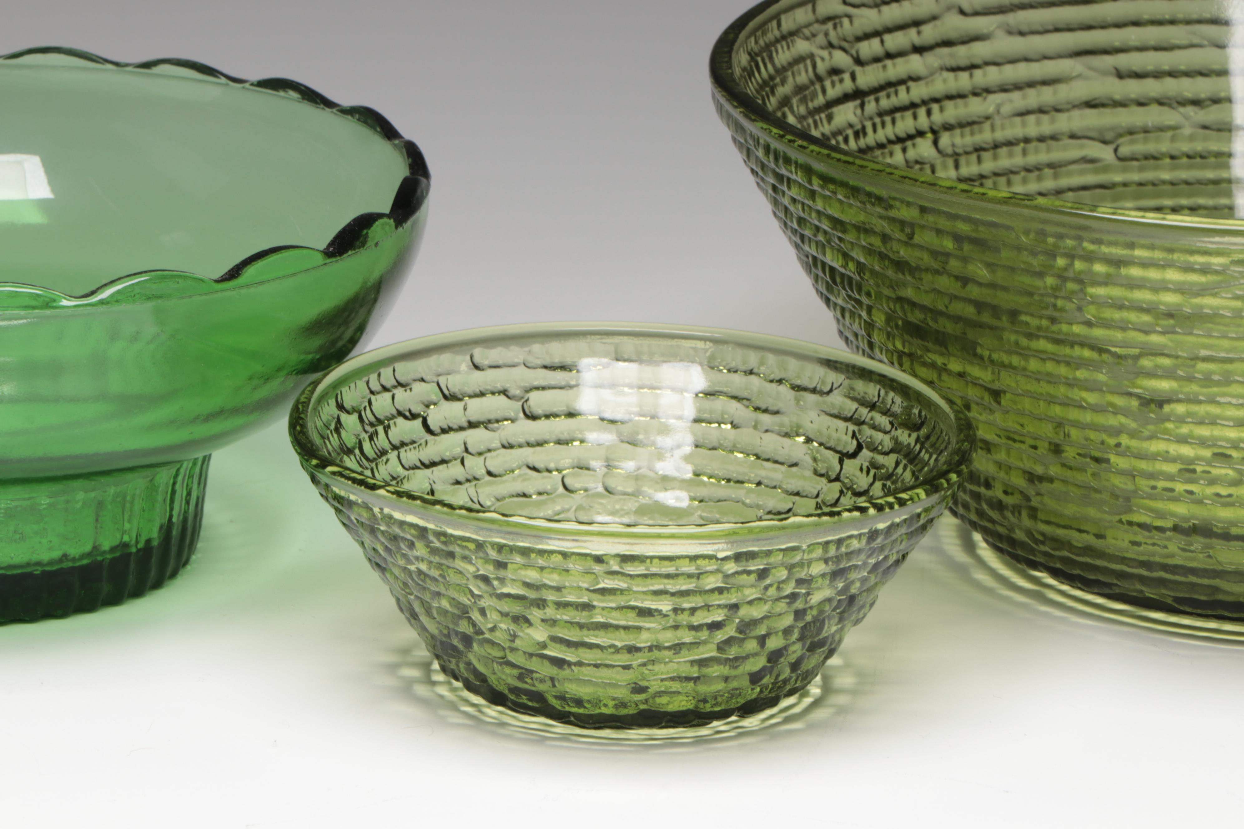 Green Glass Fruit Motif Segmented Tray with Green Glass Bowls, Compote & Bottle