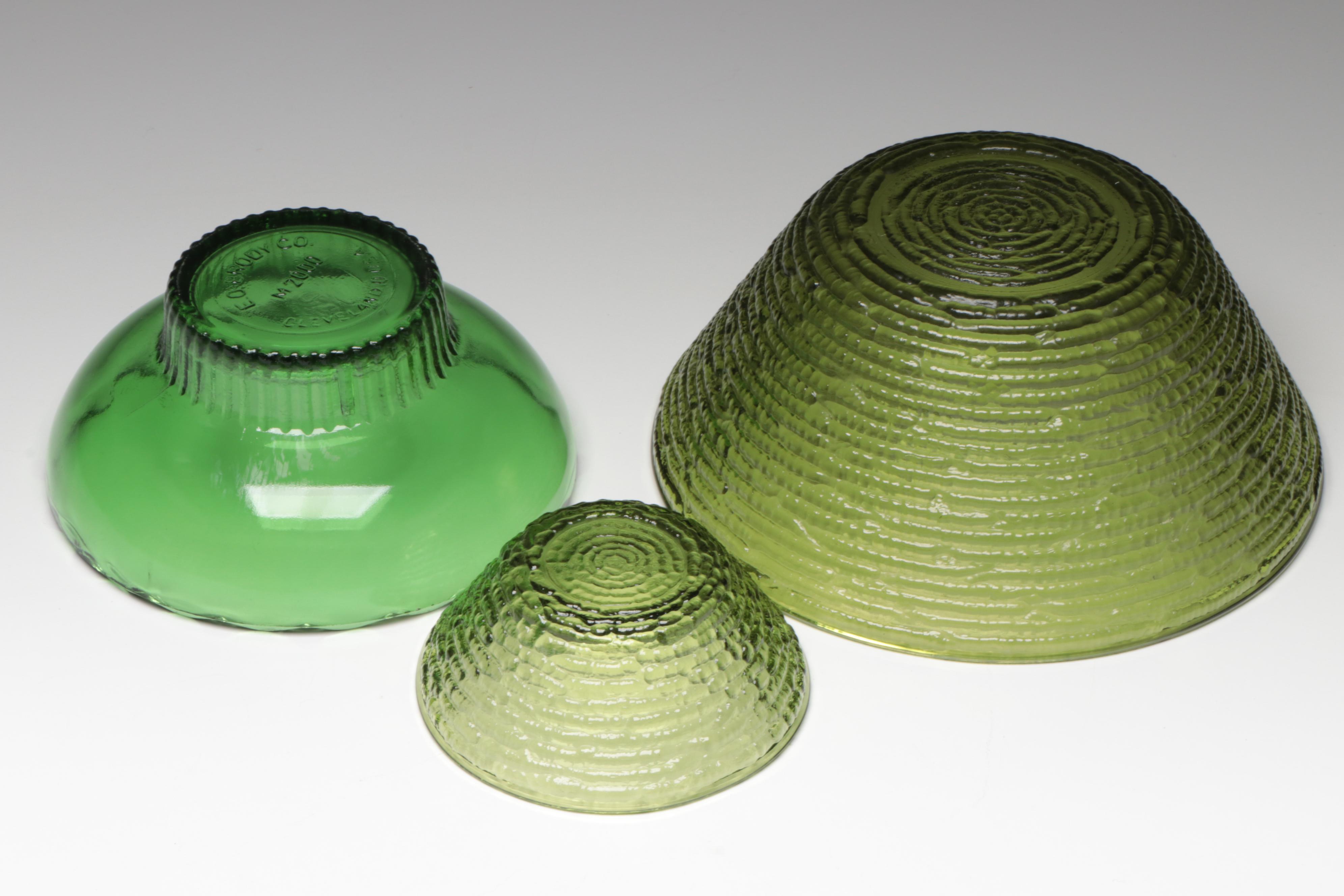 Green Glass Fruit Motif Segmented Tray with Green Glass Bowls, Compote & Bottle