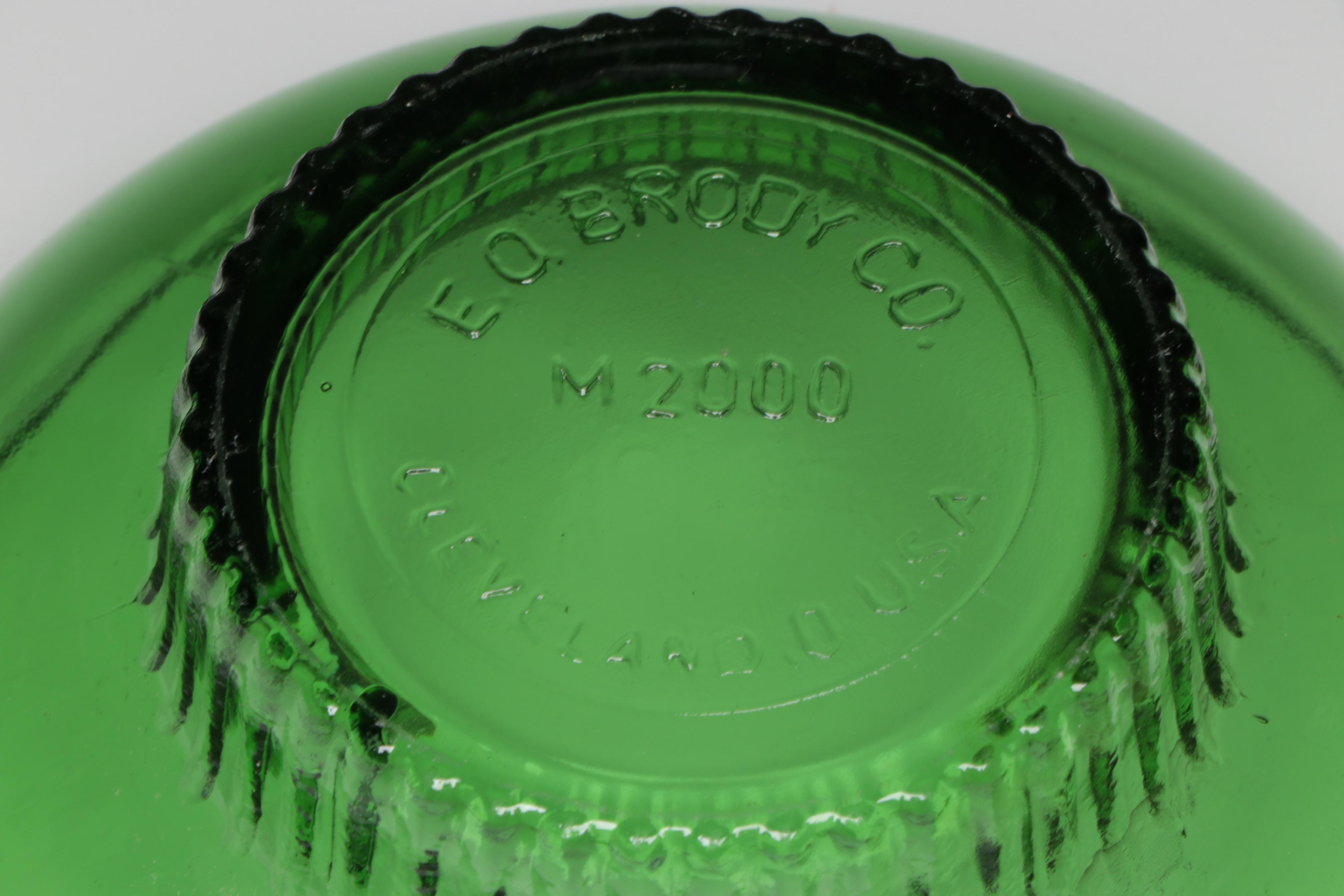 Green Glass Fruit Motif Segmented Tray with Green Glass Bowls, Compote & Bottle