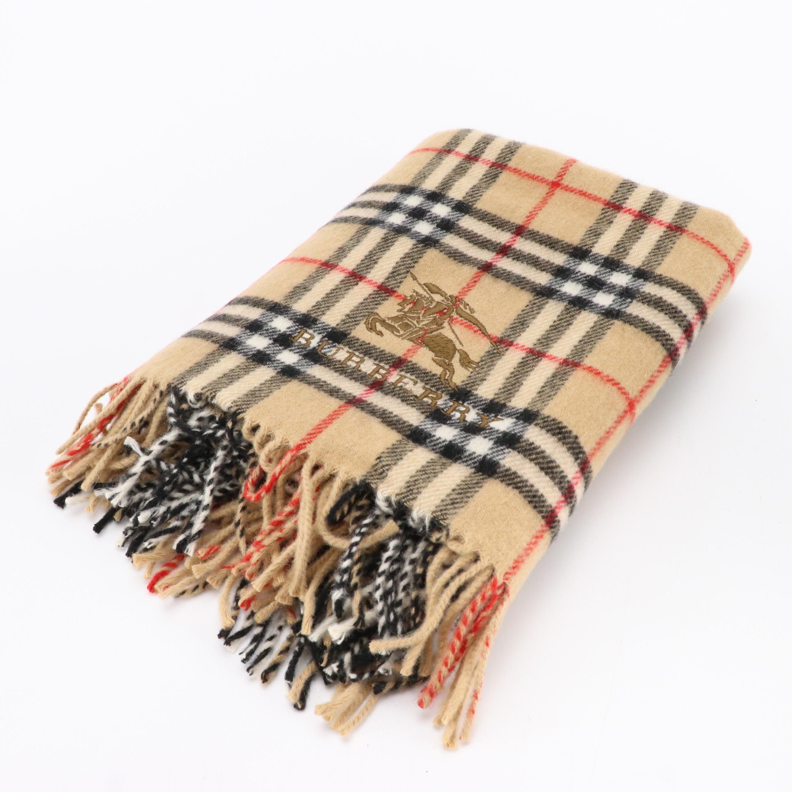 Burberrys Classic Equestrian Knight Logo House Check Wool Scarf/Shawl with Box