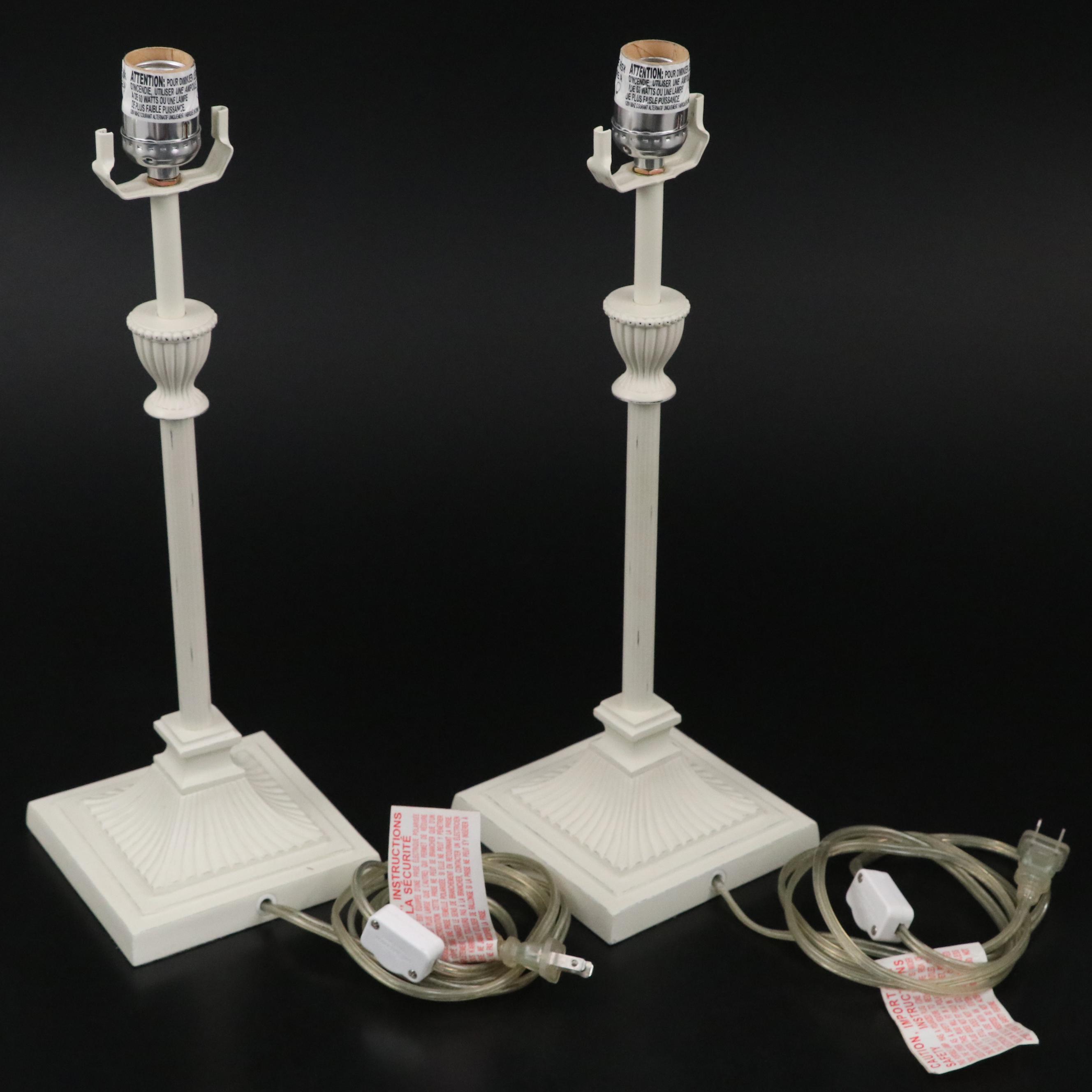 Pottery Barn Cream Enameled Neoclassical Style Candlestick Lamps, 21st