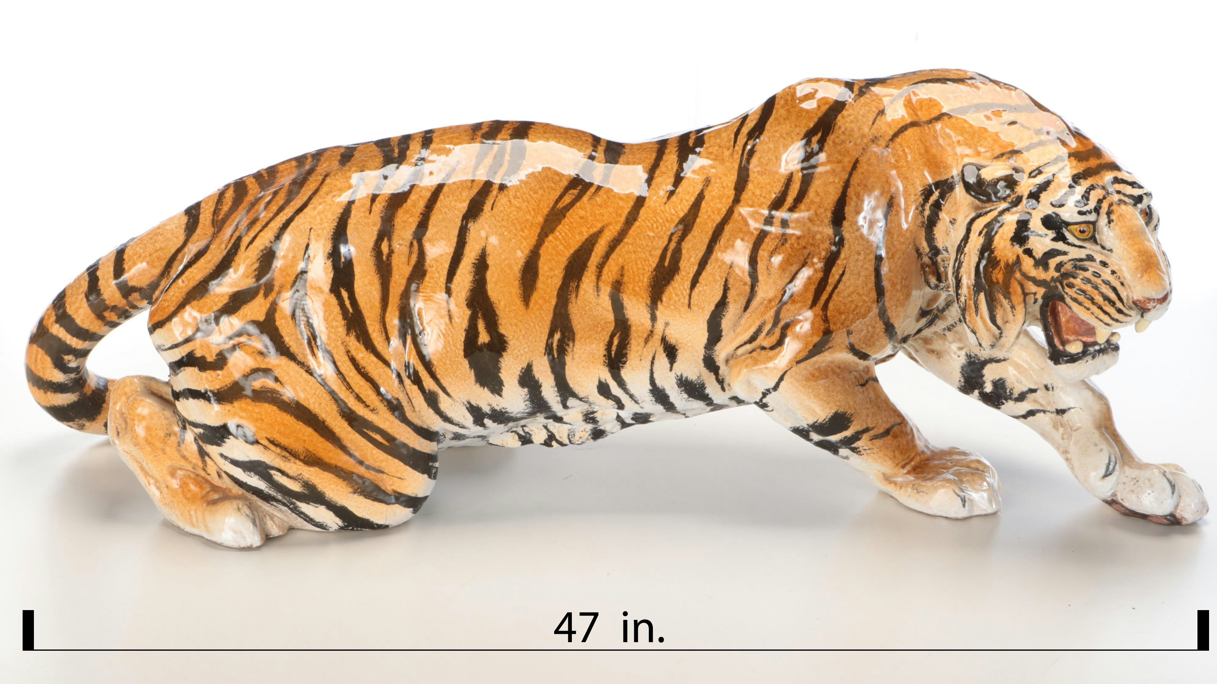Monumental Italian Majolica Ceramic Bengal Tiger Figure, Mid-20th Century