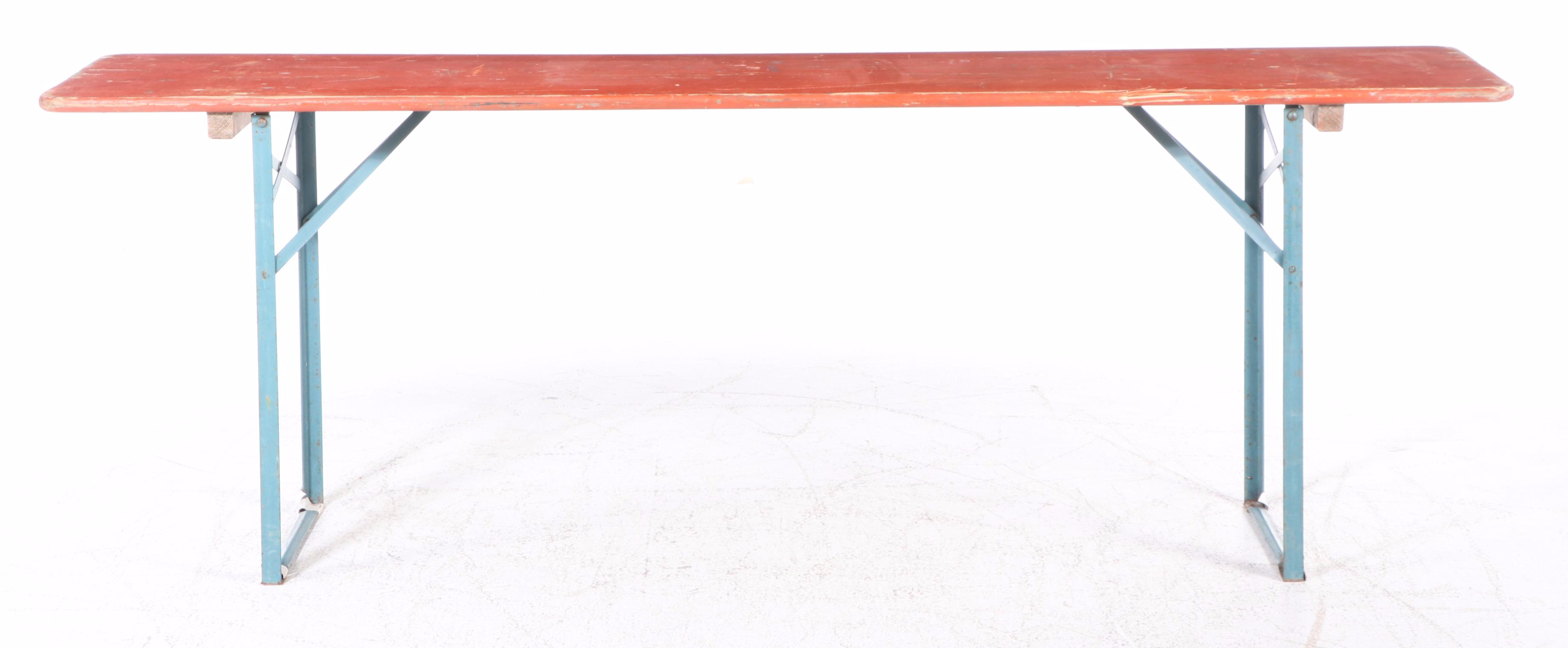 Three Piece German Wood and Metal Folding Biergarten Table and Benches