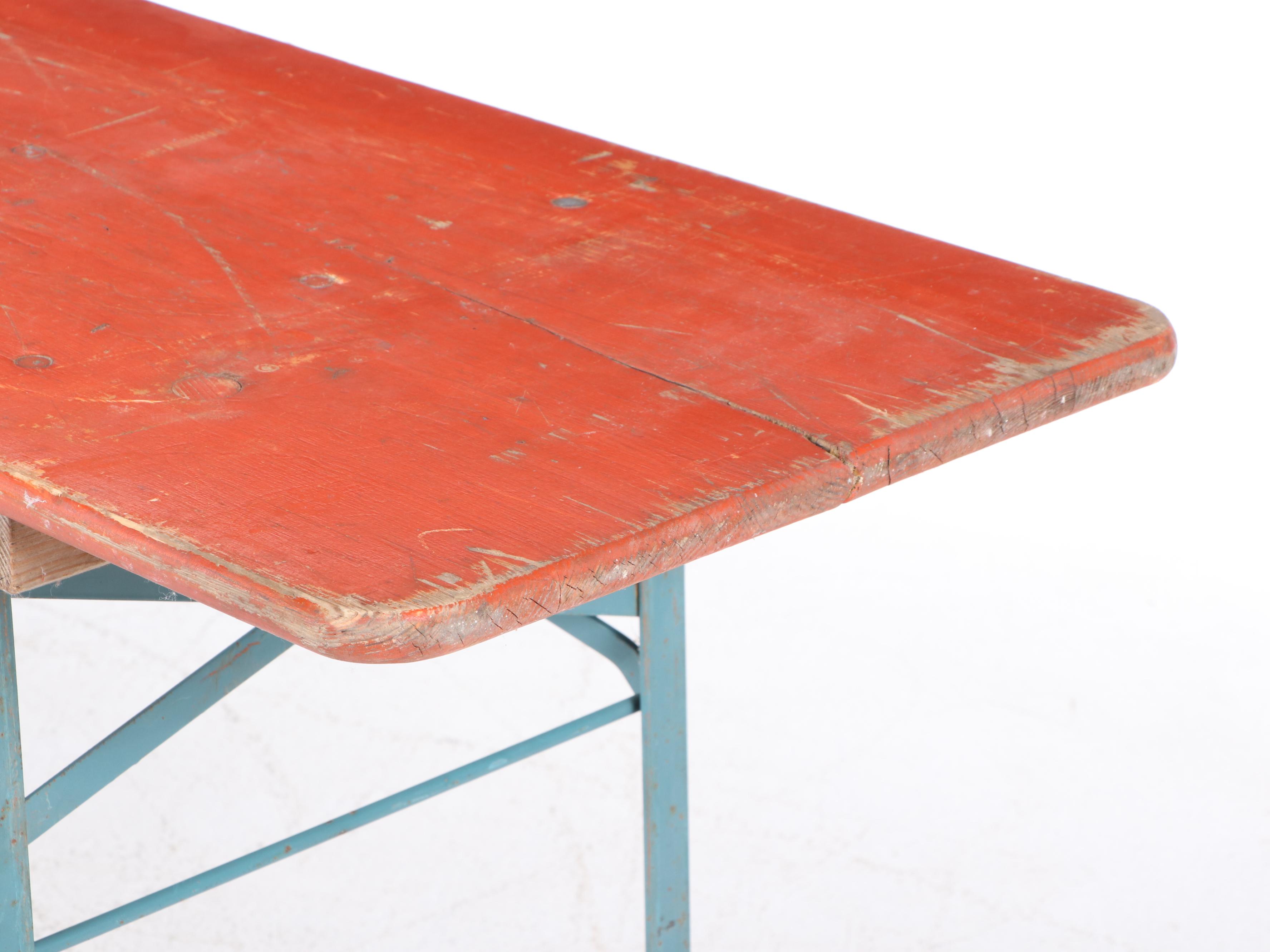 Three Piece German Wood and Metal Folding Biergarten Table and Benches