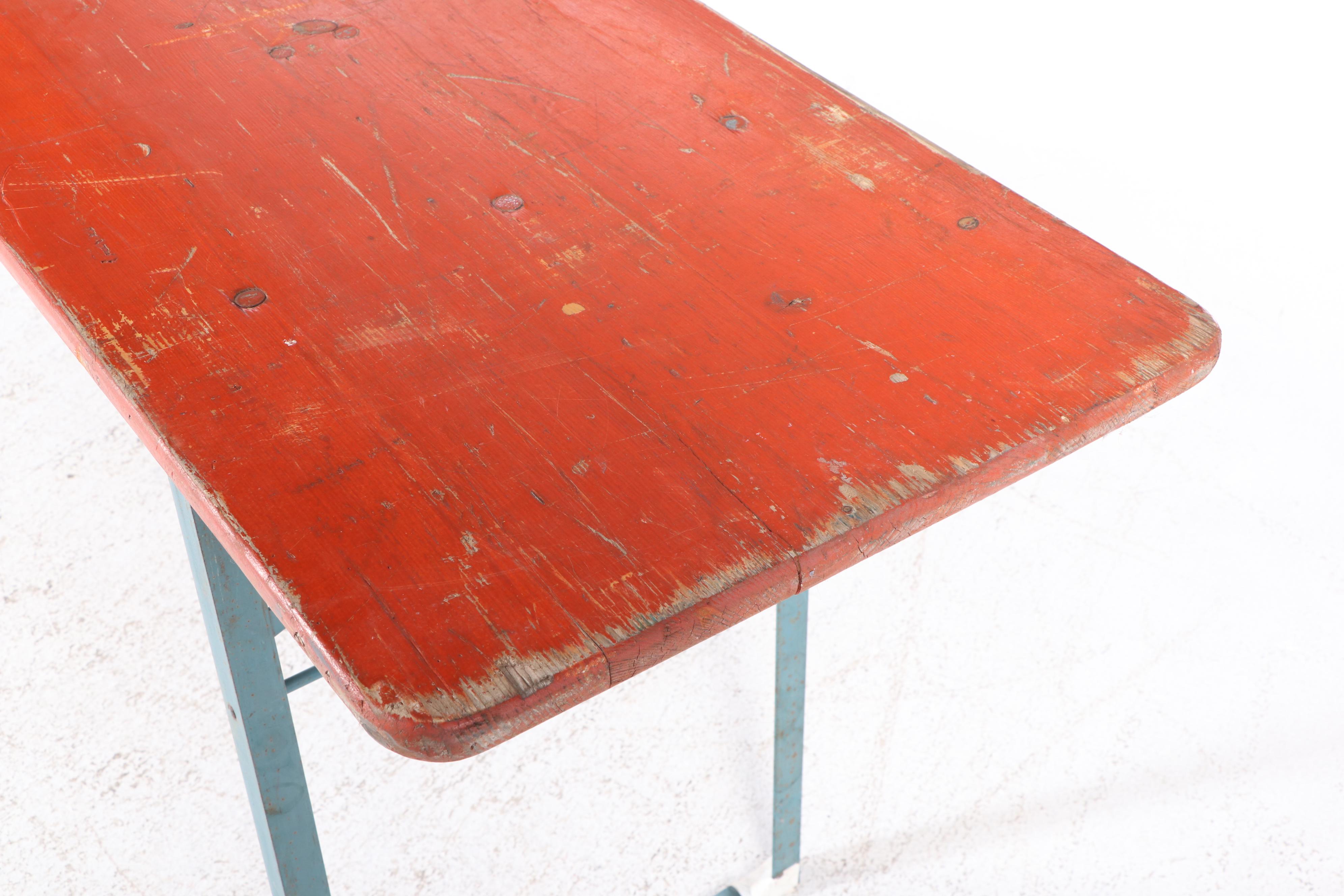 Three Piece German Wood and Metal Folding Biergarten Table and Benches