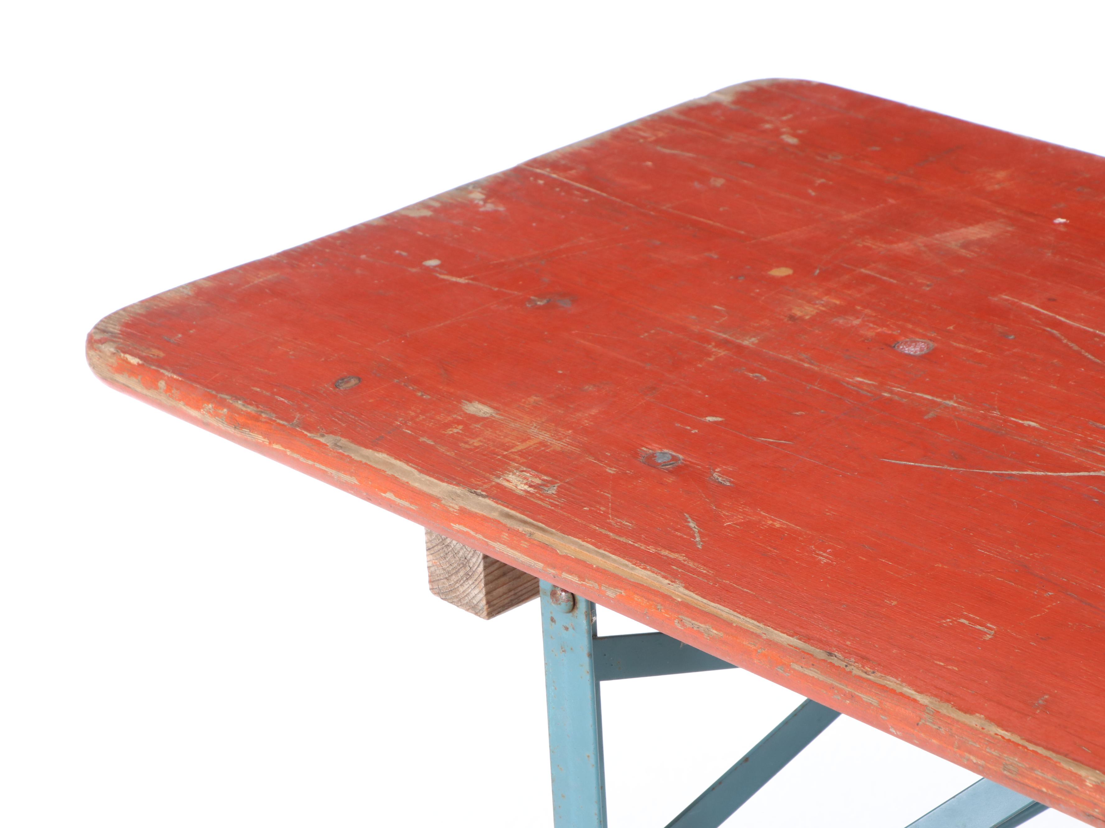 Three Piece German Wood and Metal Folding Biergarten Table and Benches