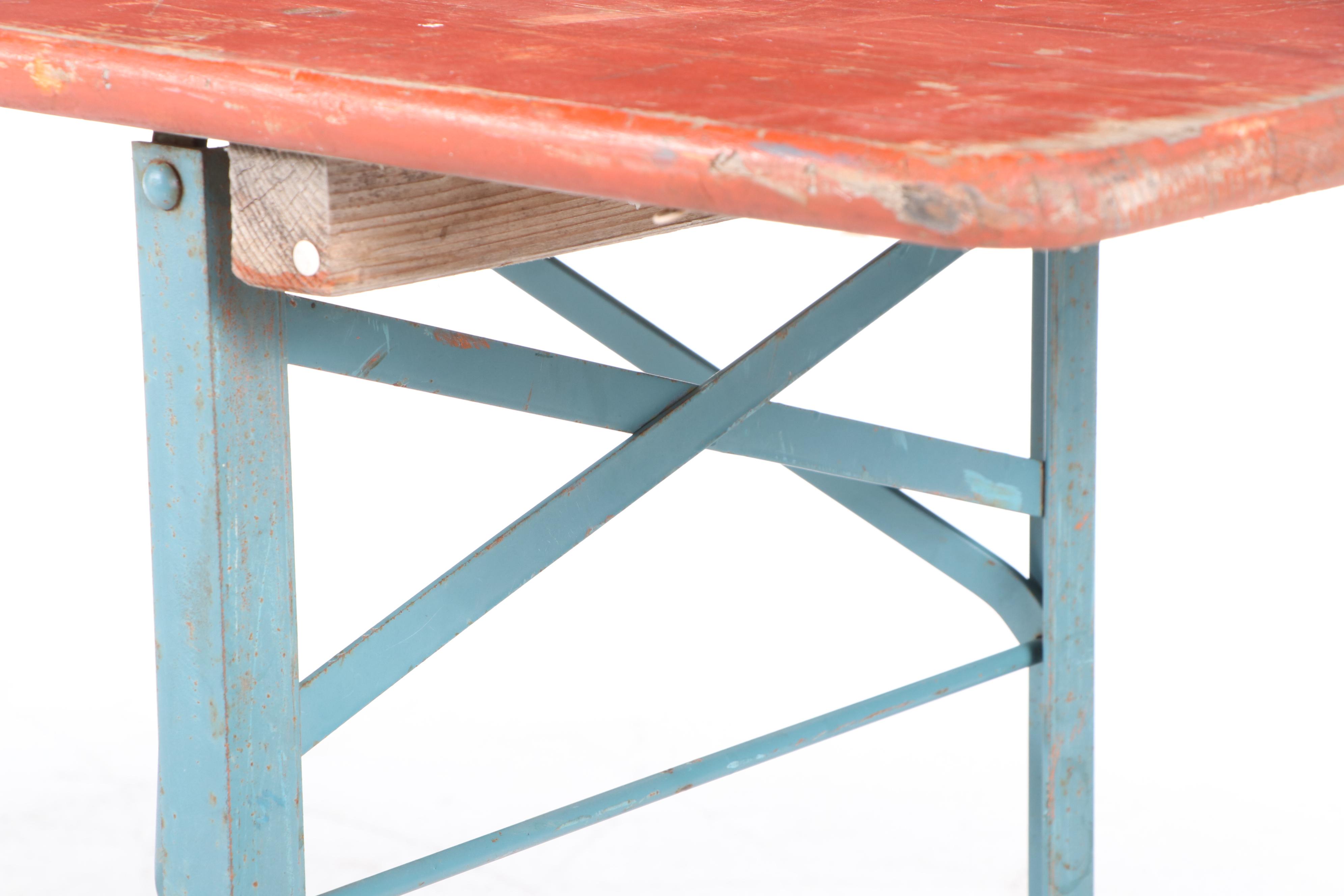 Three Piece German Wood and Metal Folding Biergarten Table and Benches