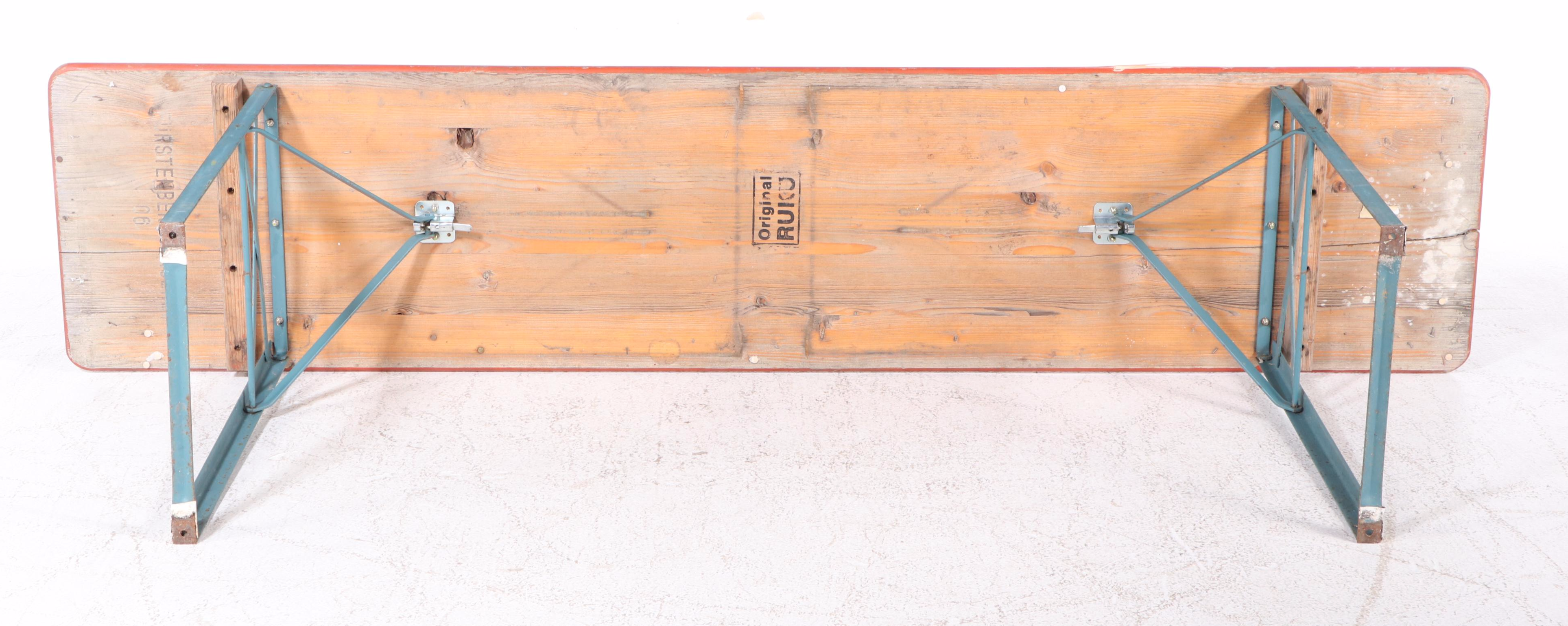 Three Piece German Wood and Metal Folding Biergarten Table and Benches