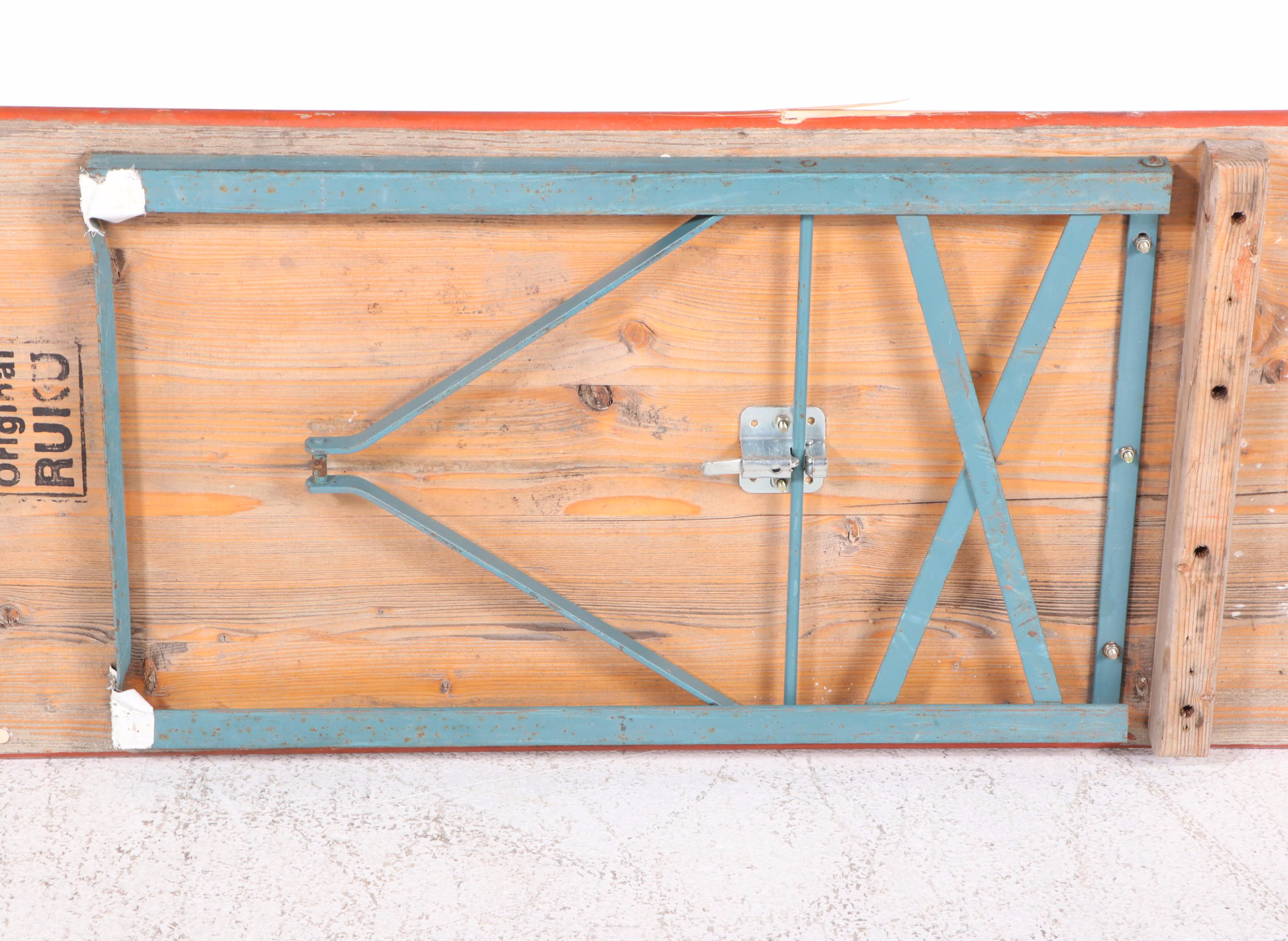 Three Piece German Wood and Metal Folding Biergarten Table and Benches