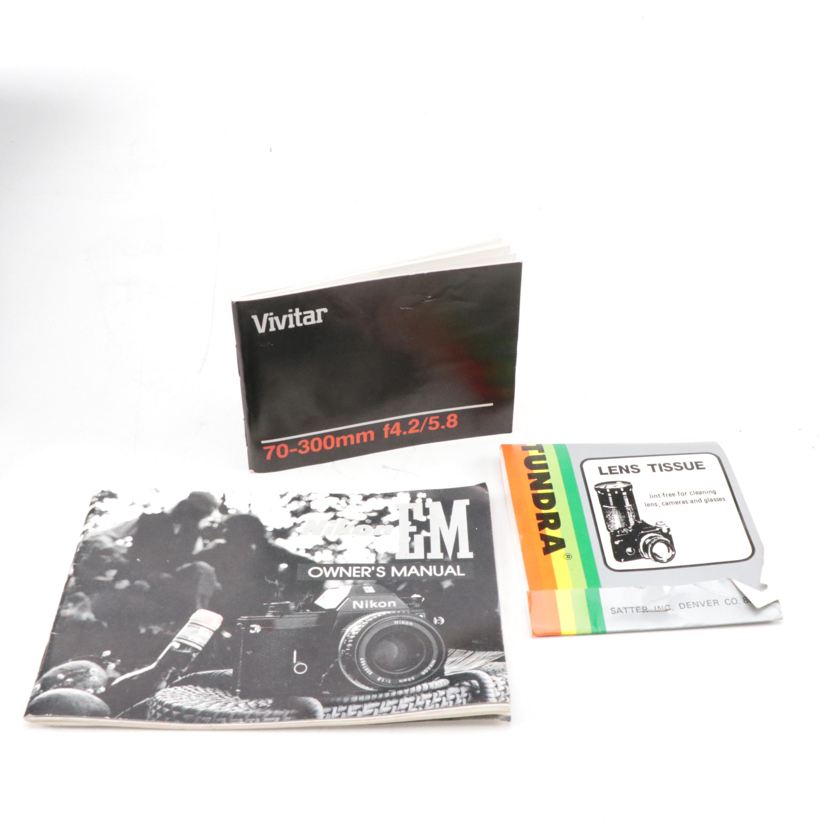 Nikon EM SLR Camera w/ Vivitar 55mm Macro Lens, Nikon Skylight Lens & Camera Bag