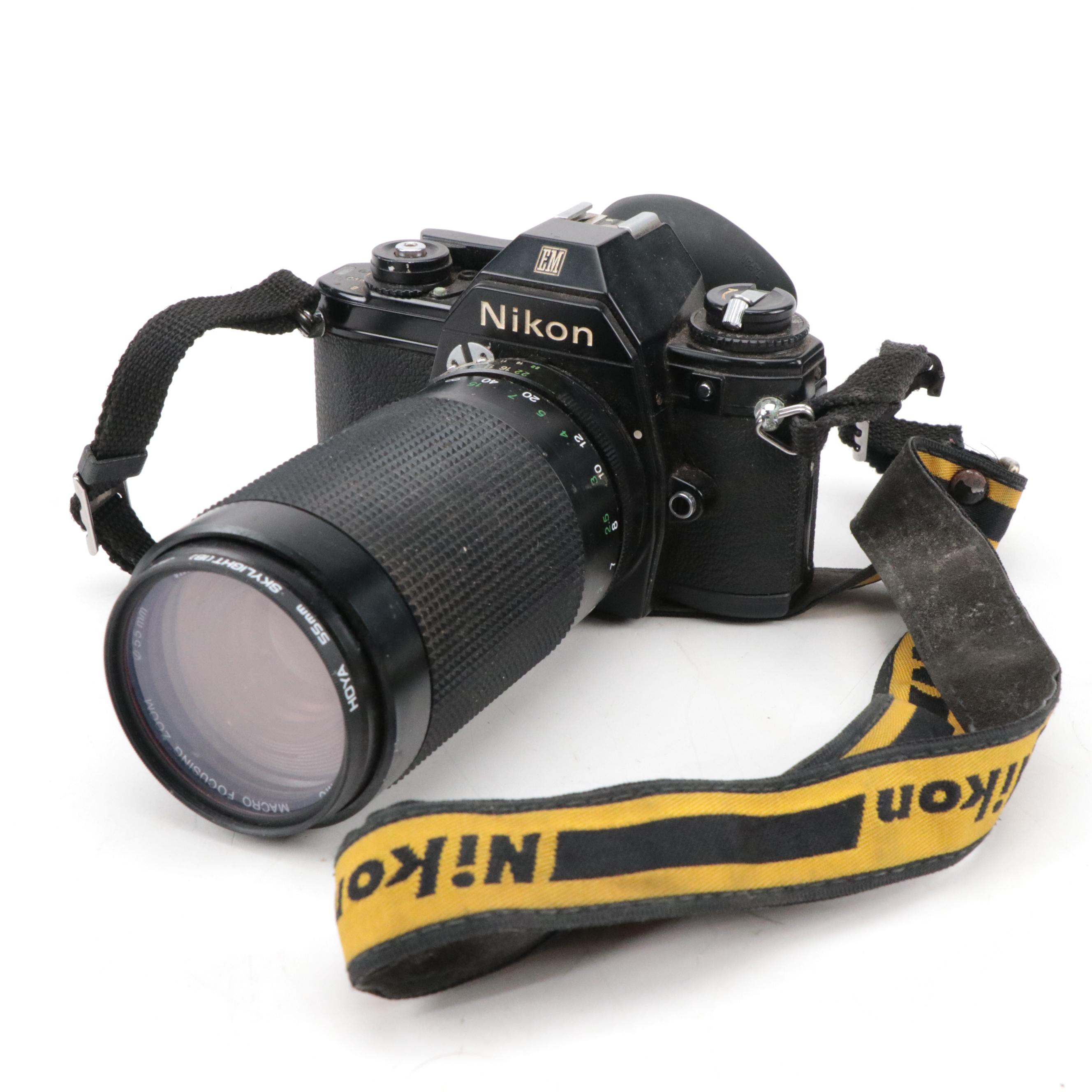 Nikon EM SLR Camera w/ Vivitar 55mm Macro Lens, Nikon Skylight Lens & Camera Bag