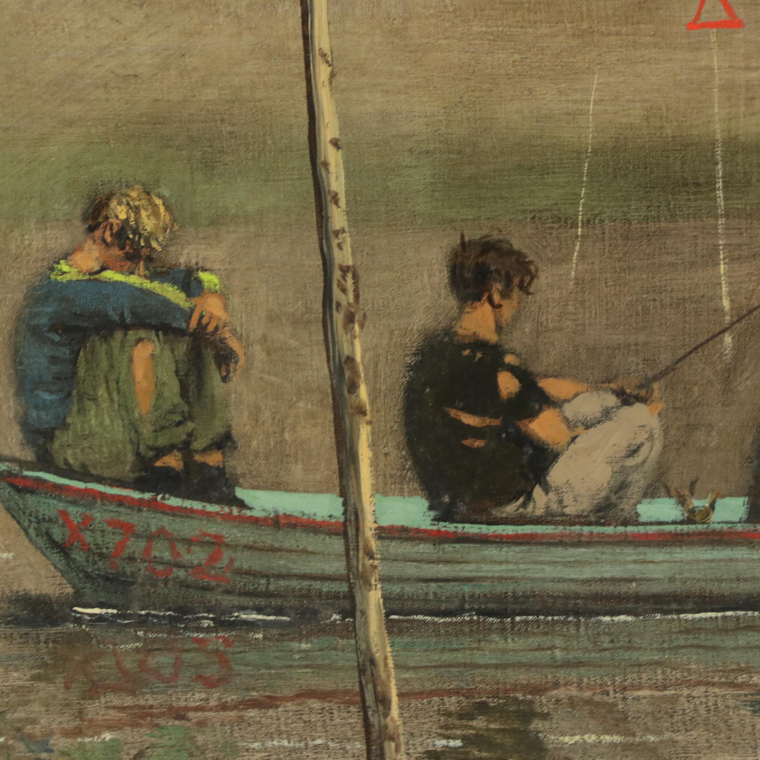 River Landscape Oil Painting of Figures in Boat, Mid-20th Century