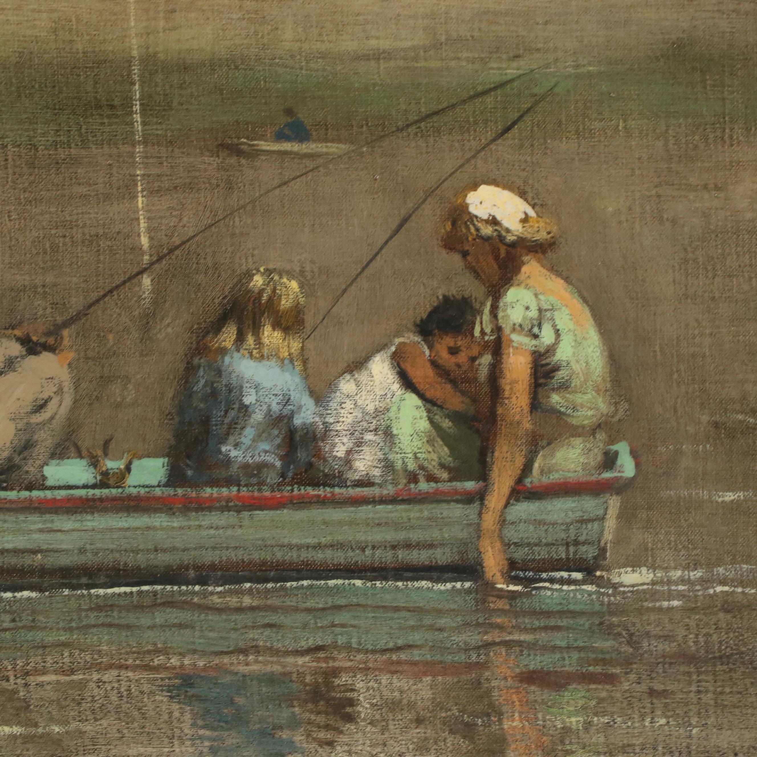 River Landscape Oil Painting of Figures in Boat, Mid-20th Century