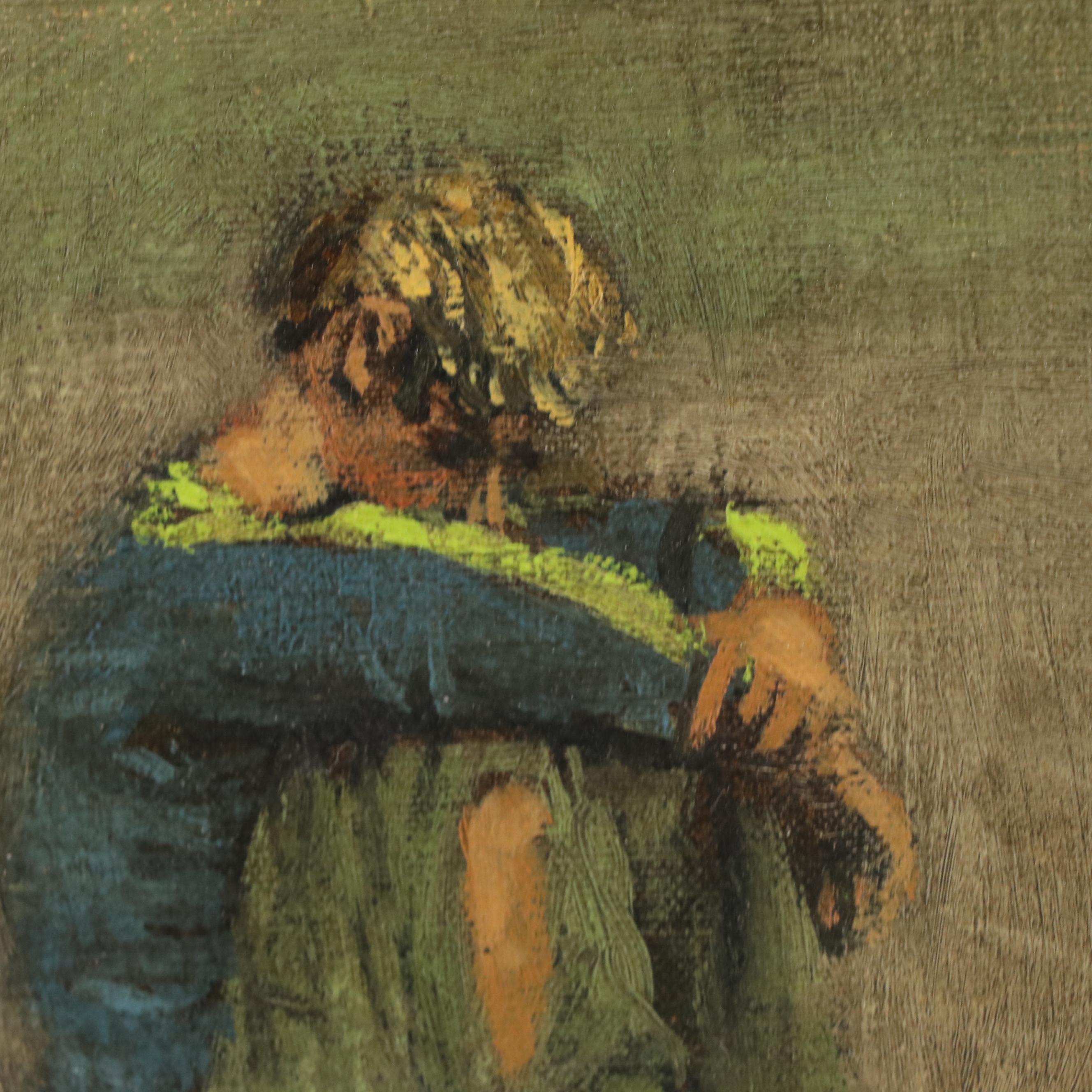 River Landscape Oil Painting of Figures in Boat, Mid-20th Century