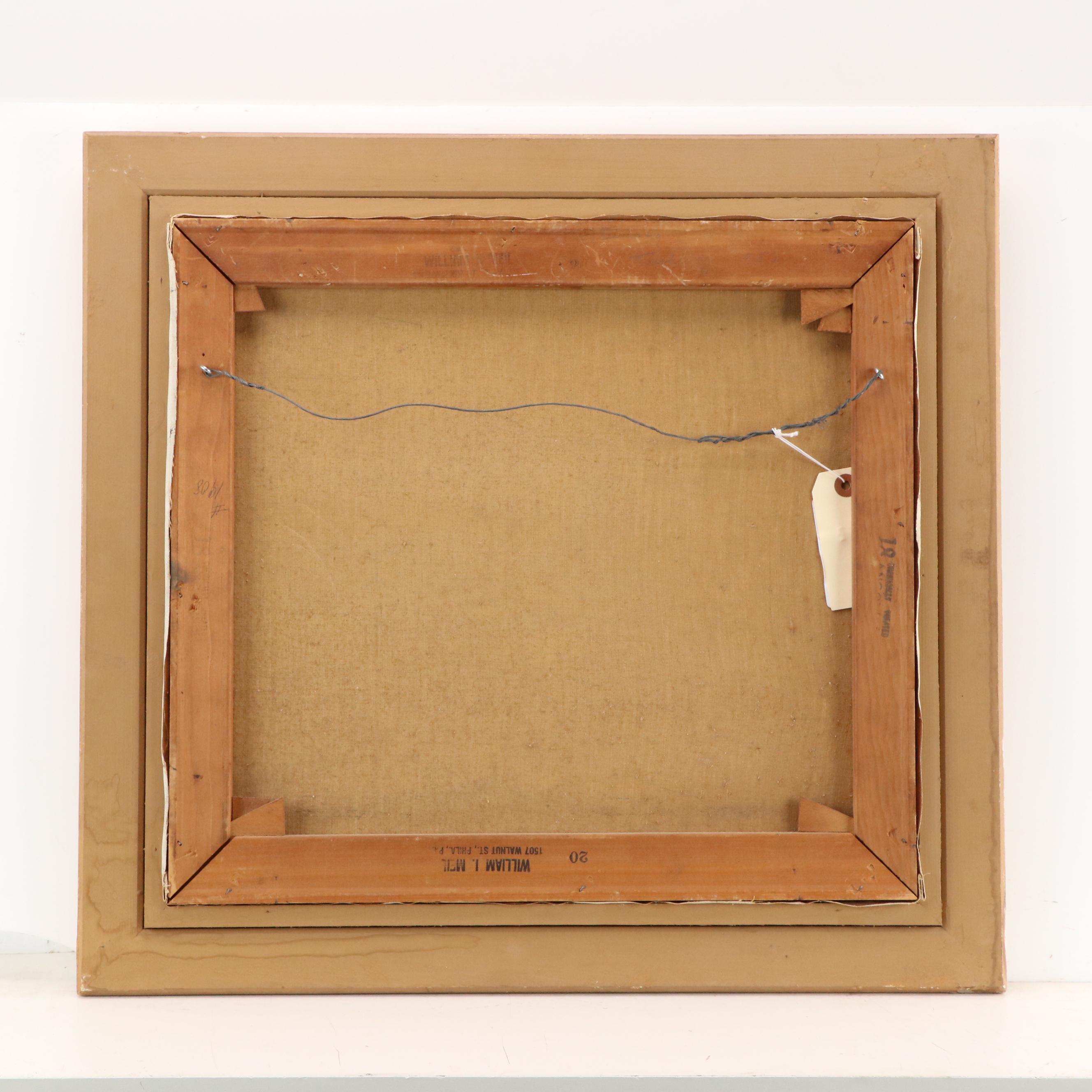 River Landscape Oil Painting of Figures in Boat, Mid-20th Century