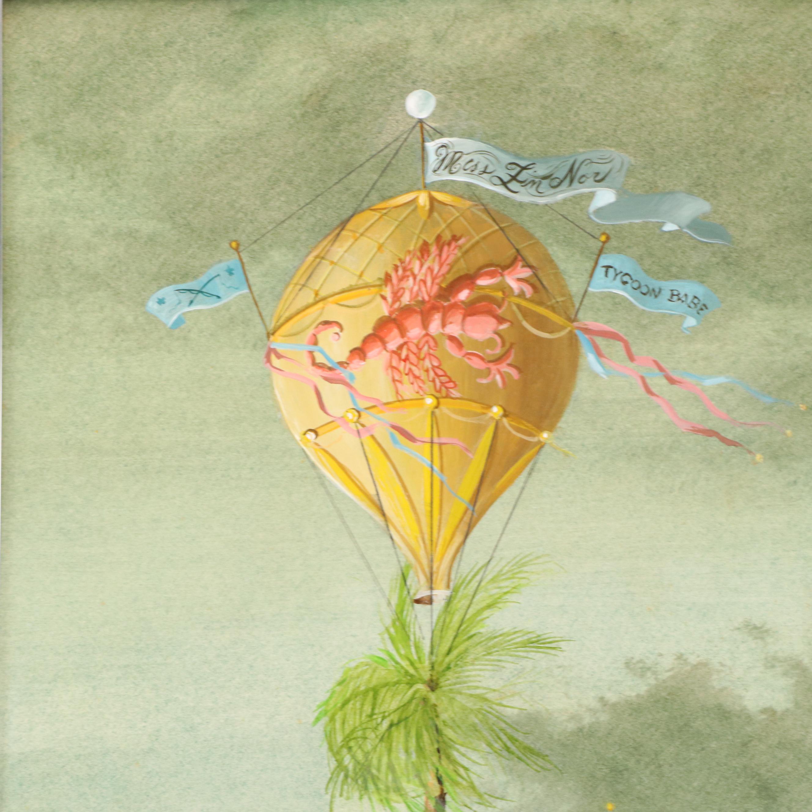 Surrealist Style Acrylic Painting of Hot Air Balloon Boat