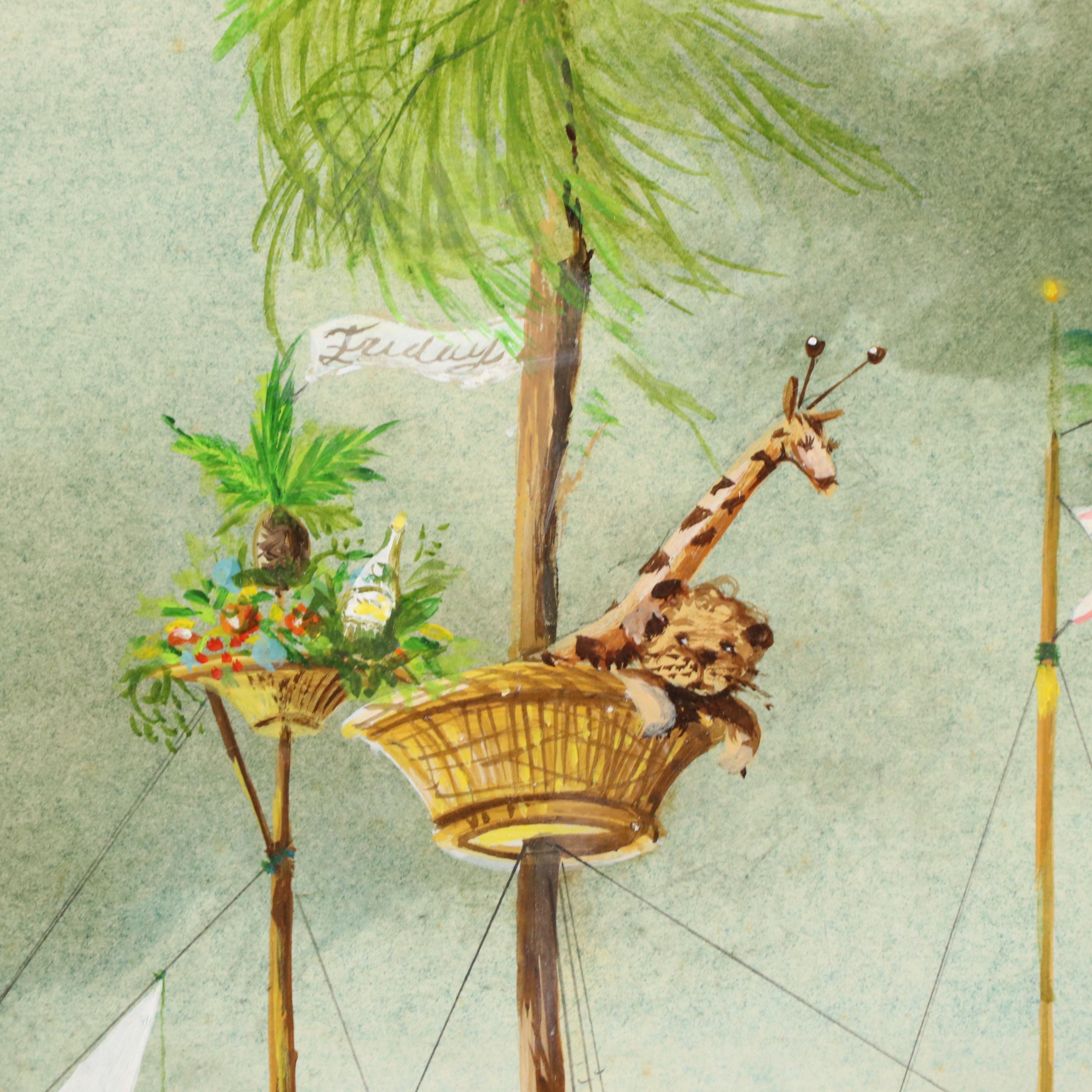 Surrealist Style Acrylic Painting of Hot Air Balloon Boat