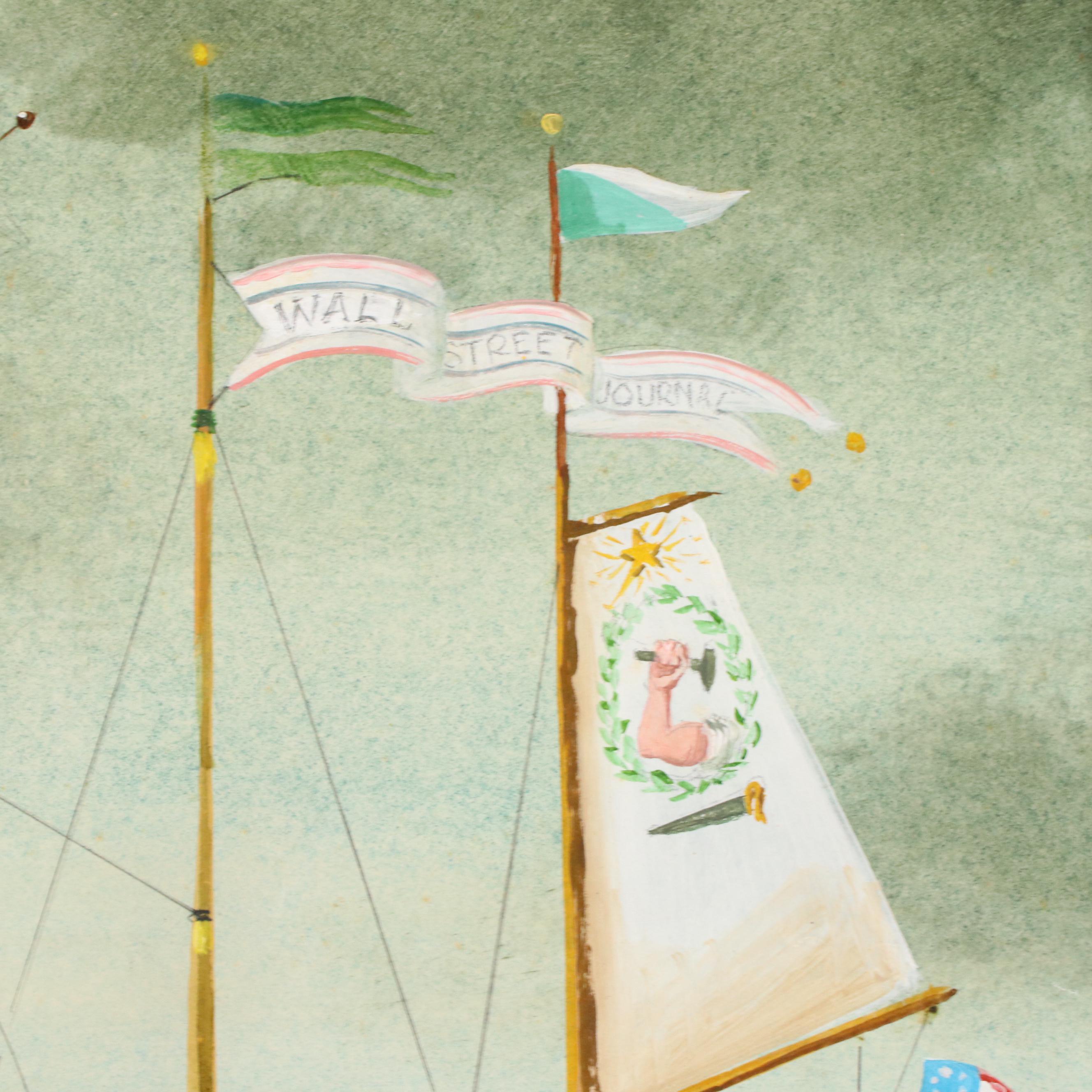 Surrealist Style Acrylic Painting of Hot Air Balloon Boat